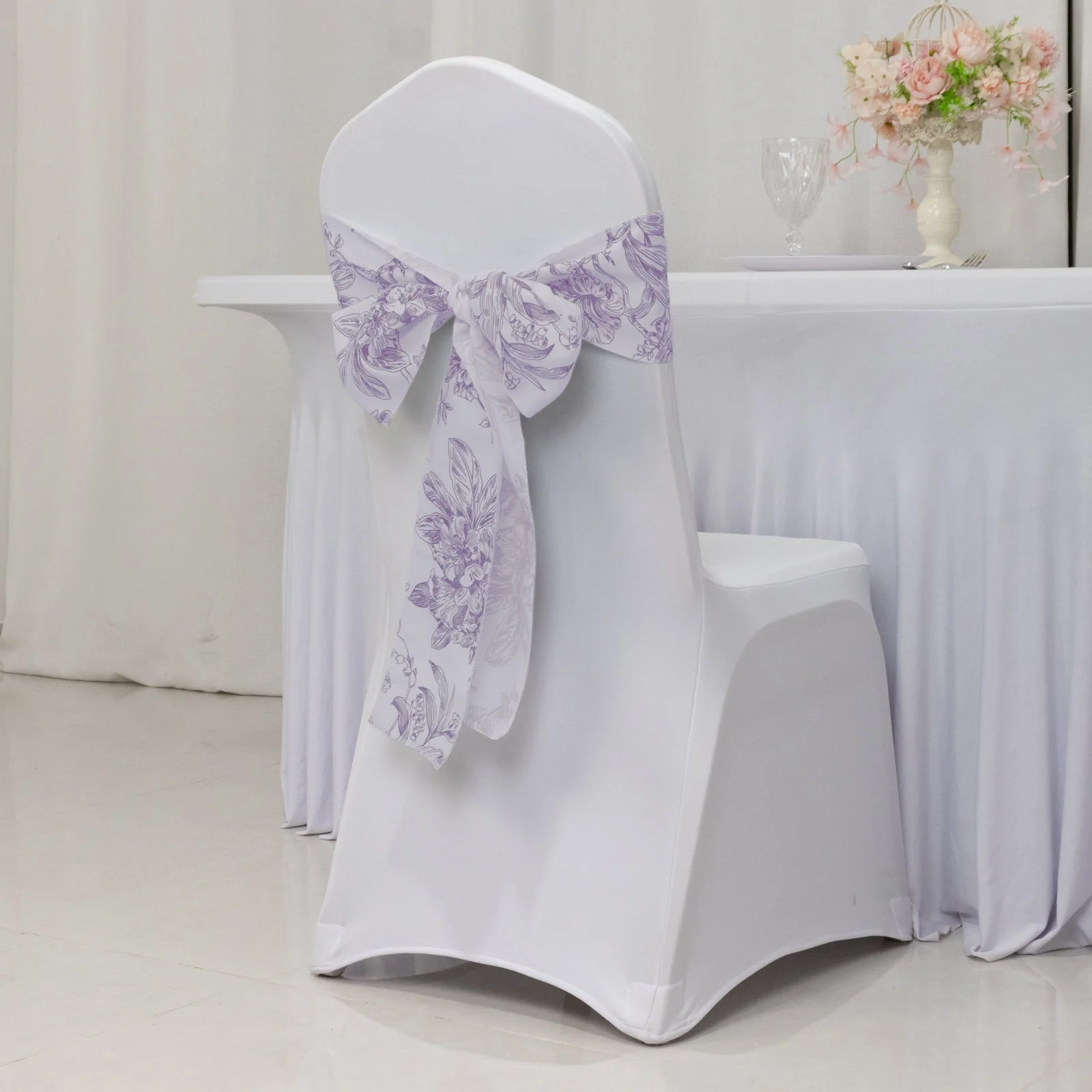 Polyester Chair Sashes 6"x108" White Lavender Lilac French Toile Floral Design - Durable & Reusable Chair Bows for Classy Event Styling - Image 3