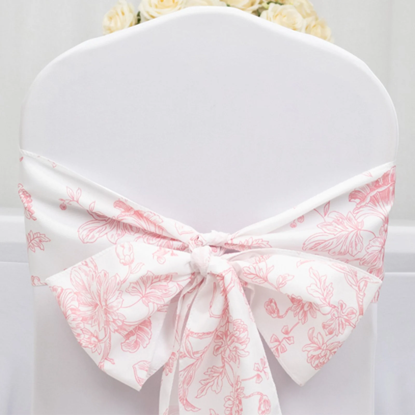 Polyester Chair Sashes 6"x108" White/Pink French Toile Floral Design - Durable & Reusable Chair Bows - Image 2