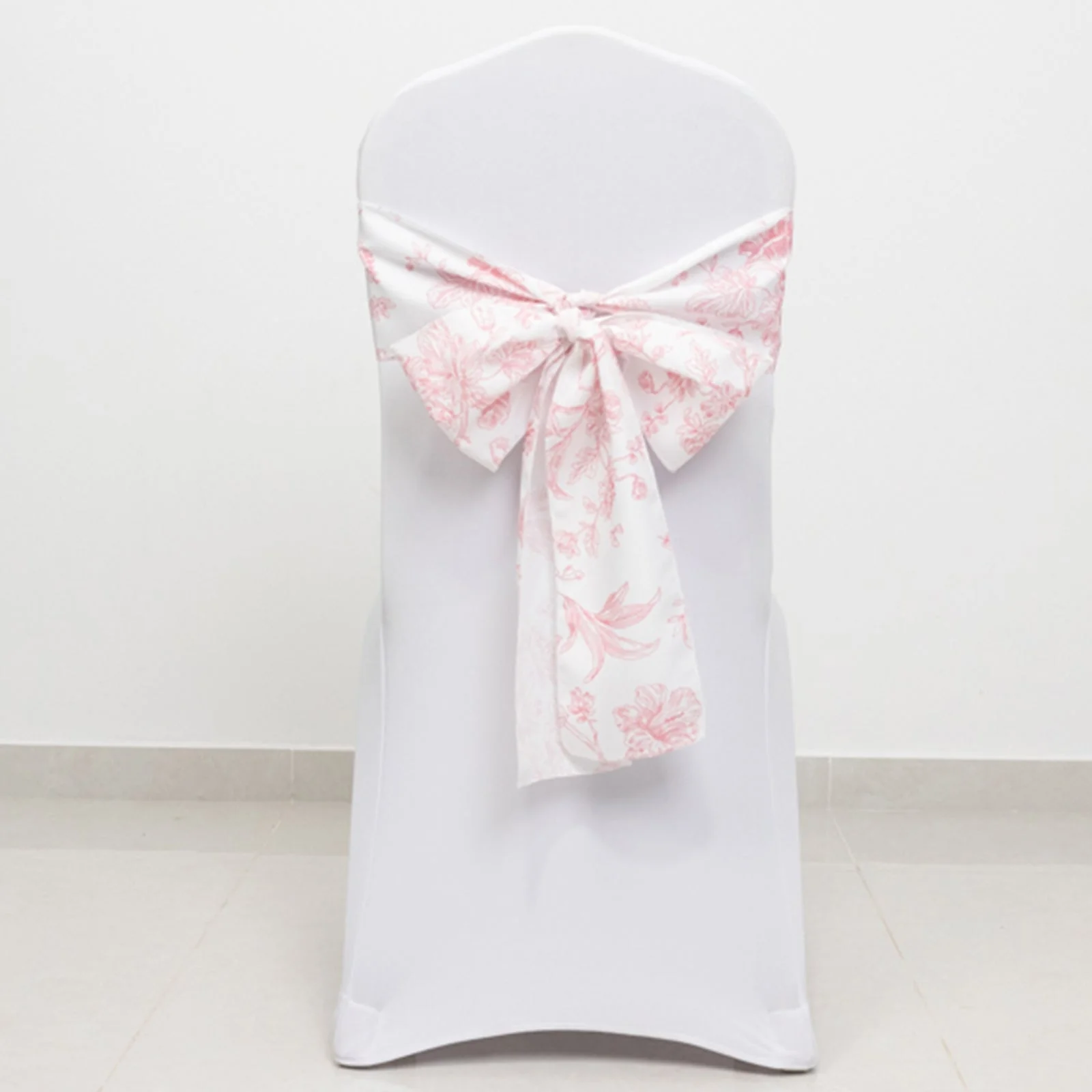 Polyester Chair Sashes 6"x108" White/Pink French Toile Floral Design - Durable & Reusable Chair Bows - Image 4