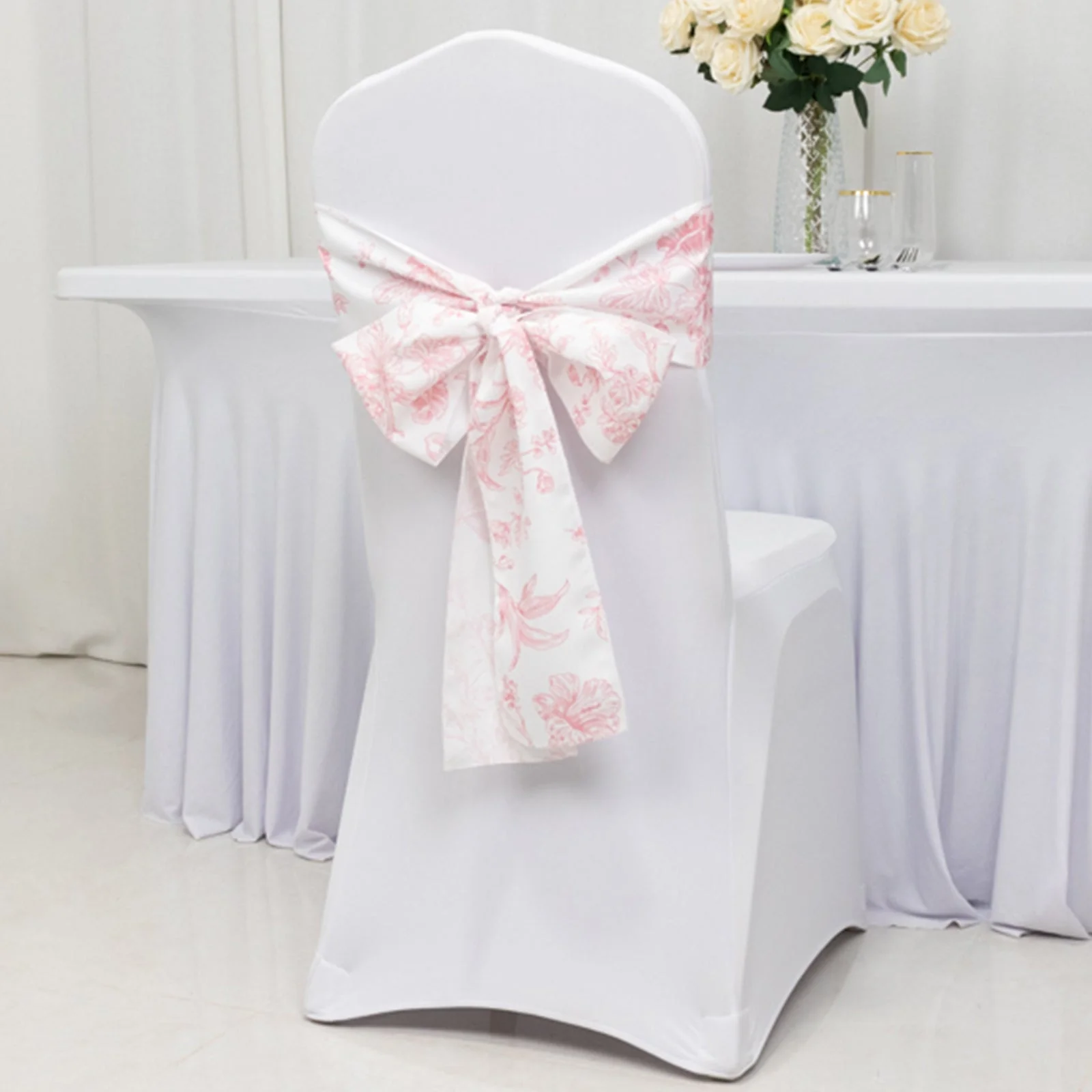 Polyester Chair Sashes 6"x108" White/Pink French Toile Floral Design - Durable & Reusable Chair Bows - Image 6