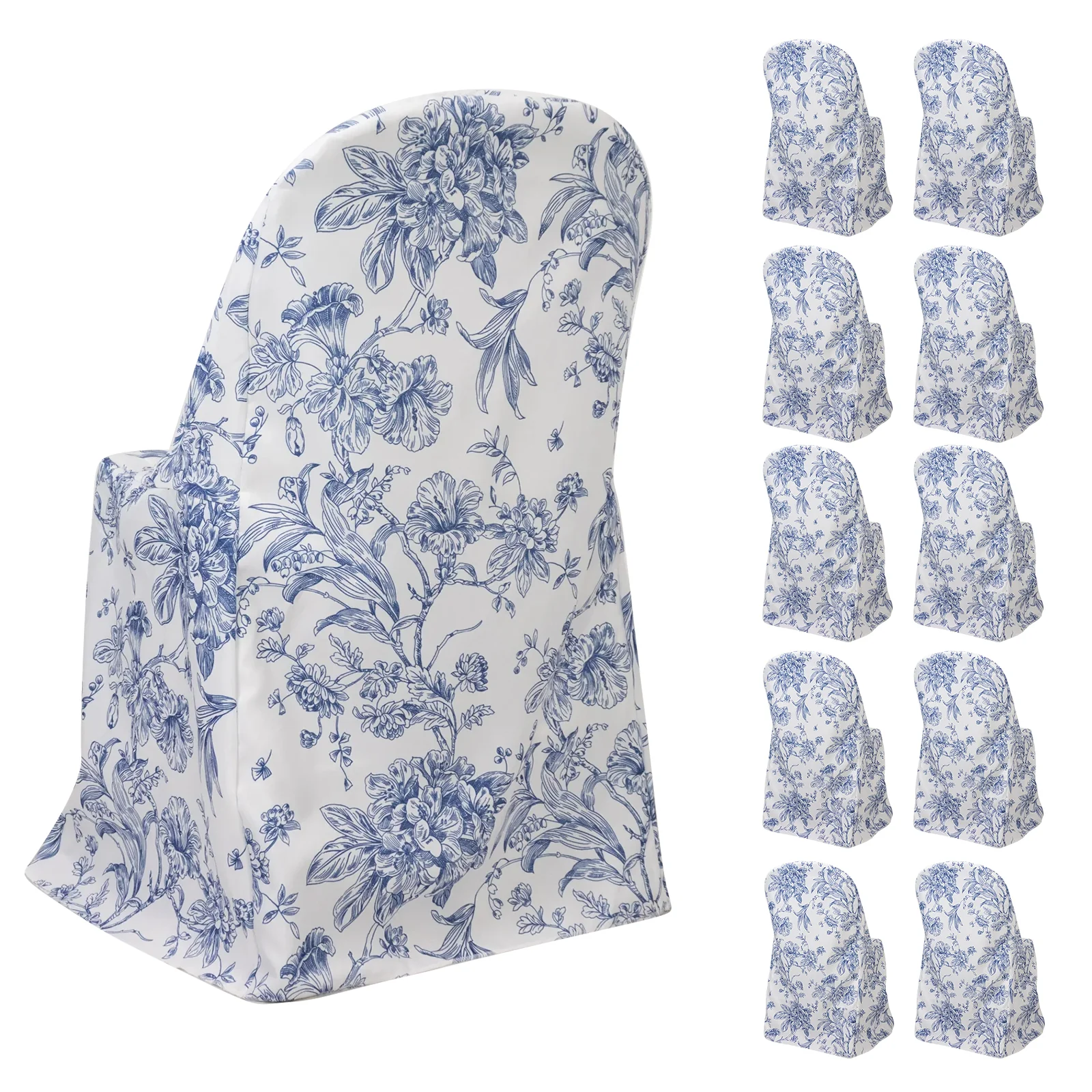 10 Pack Polyester Folding Chair Covers – White Blue French Toile Pattern, Reusable Stain-Resistant Slip-On Slipcovers - Image 3
