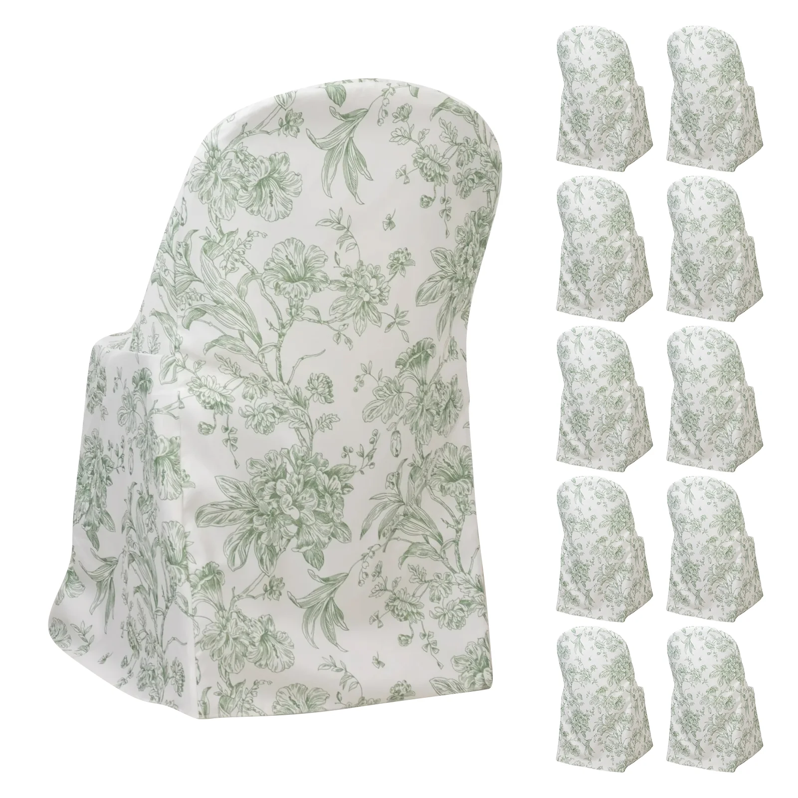10 Pack Polyester Folding Chair Covers – White Dusty Sage Green French Toile Pattern, Reusable Stain-Resistant Slip-On Slipcovers - Image 3