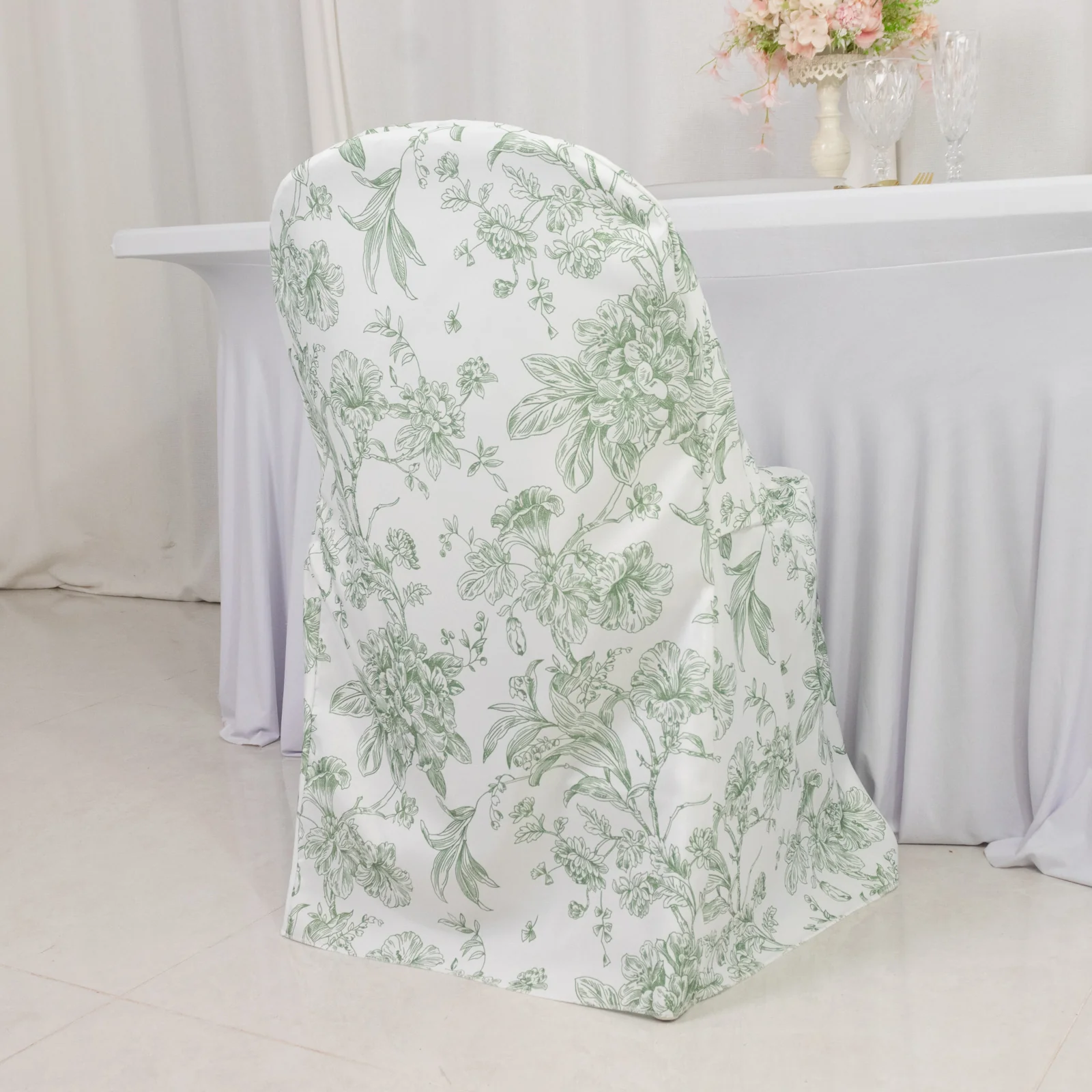 10 Pack Polyester Folding Chair Covers – White Dusty Sage Green French Toile Pattern, Reusable Stain-Resistant Slip-On Slipcovers - Image 4