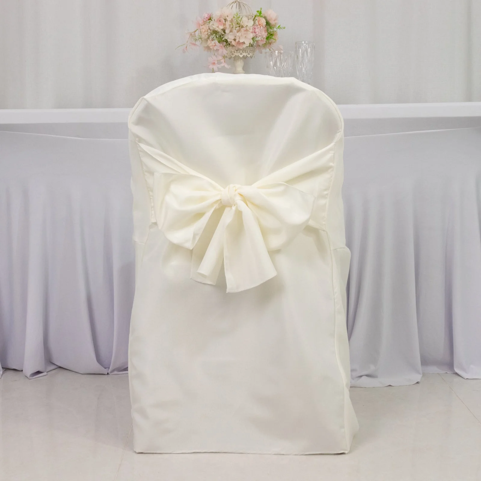 10-Pack Polyester Folding Chair Covers with Attached Sashes – Ivory Durable Reusable Slip-On Covers for Wedding & Event Decor - Image 2