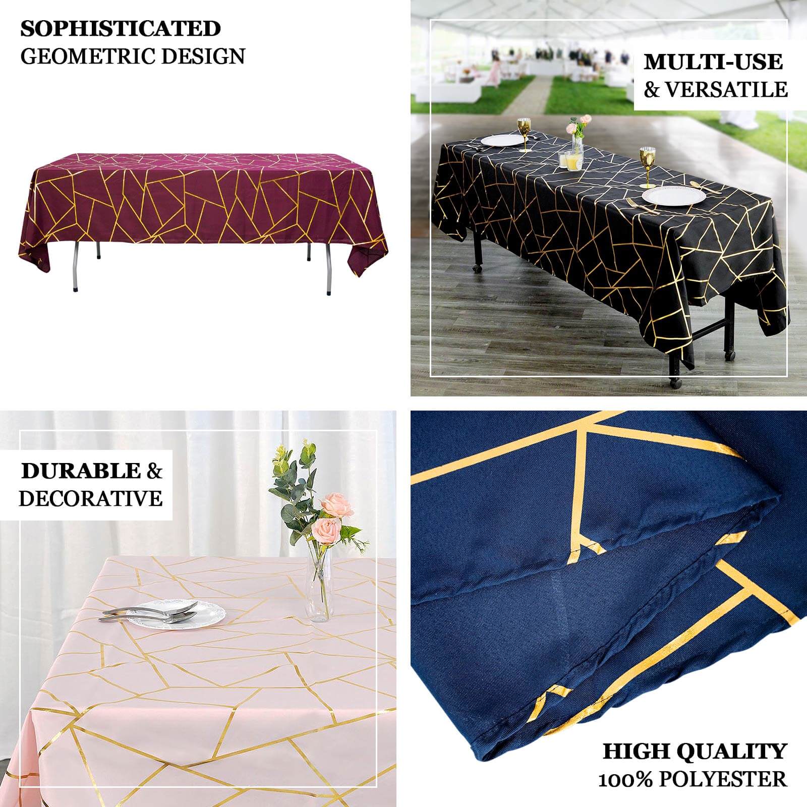 Polyester Rectangle Tablecloth 60"x102" Teal with Gold Foil Geometric Pattern - Wrinkle-Resistant & Durable Table Cover - Image 4