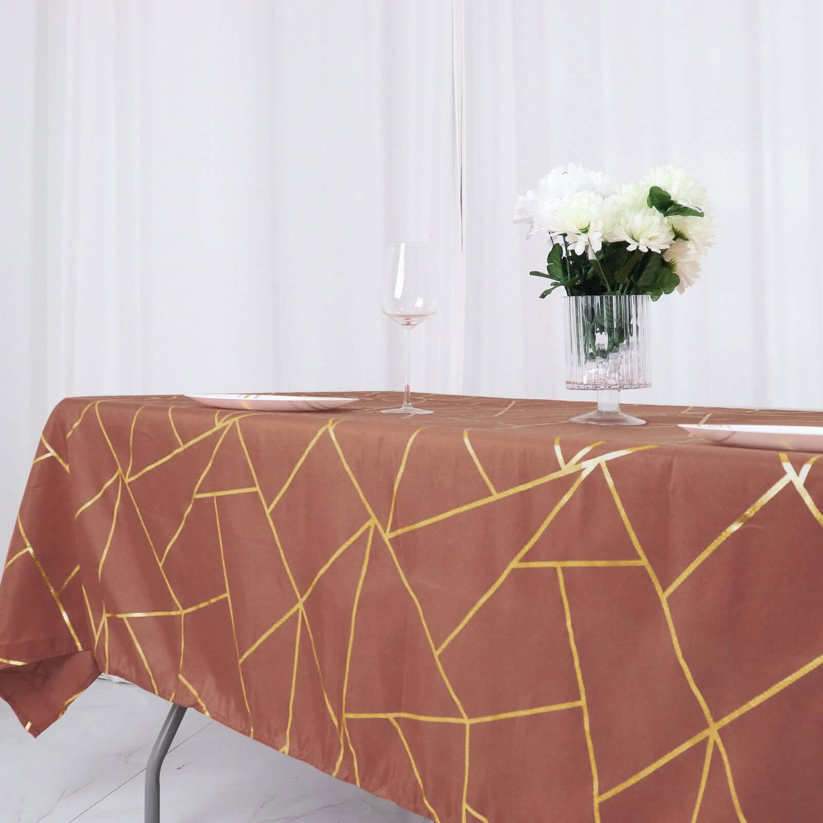 Polyester Rectangle Tablecloth 60"x102" Terracotta (Rust) with Gold Foil Geometric Pattern - Wrinkle-Resistant & Durable Table Cover - Image 11