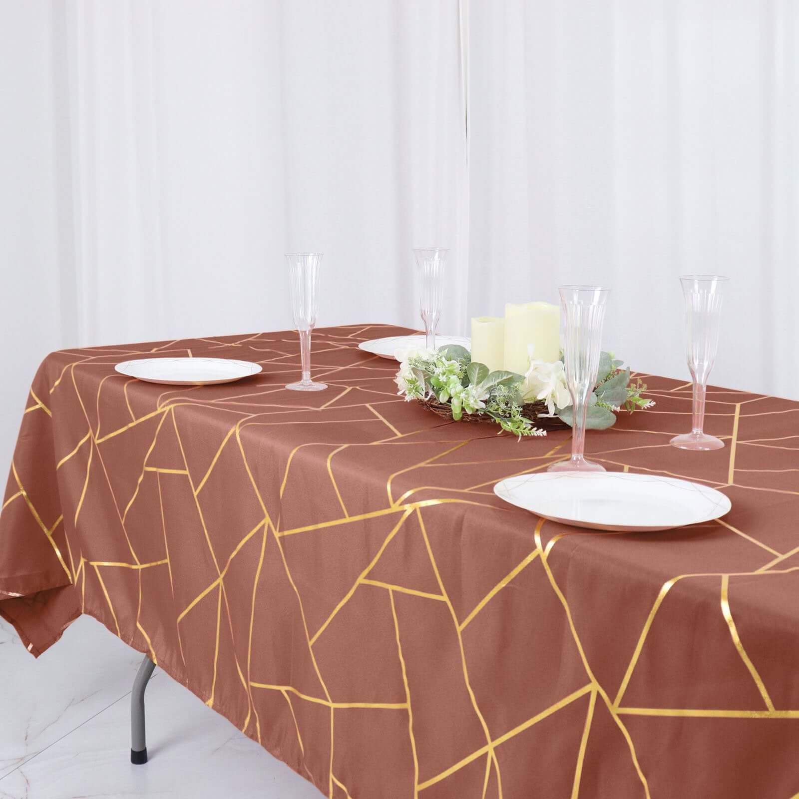 Polyester Rectangle Tablecloth 60"x102" Terracotta (Rust) with Gold Foil Geometric Pattern - Wrinkle-Resistant & Durable Table Cover - Image 6