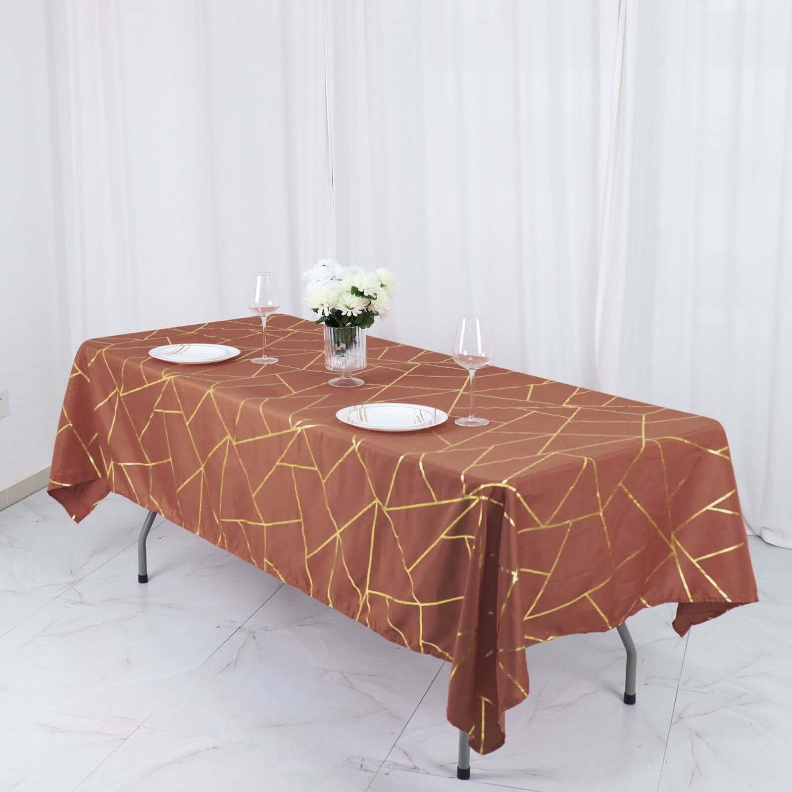 Polyester Rectangle Tablecloth 60"x102" Terracotta (Rust) with Gold Foil Geometric Pattern - Wrinkle-Resistant & Durable Table Cover - Image 8