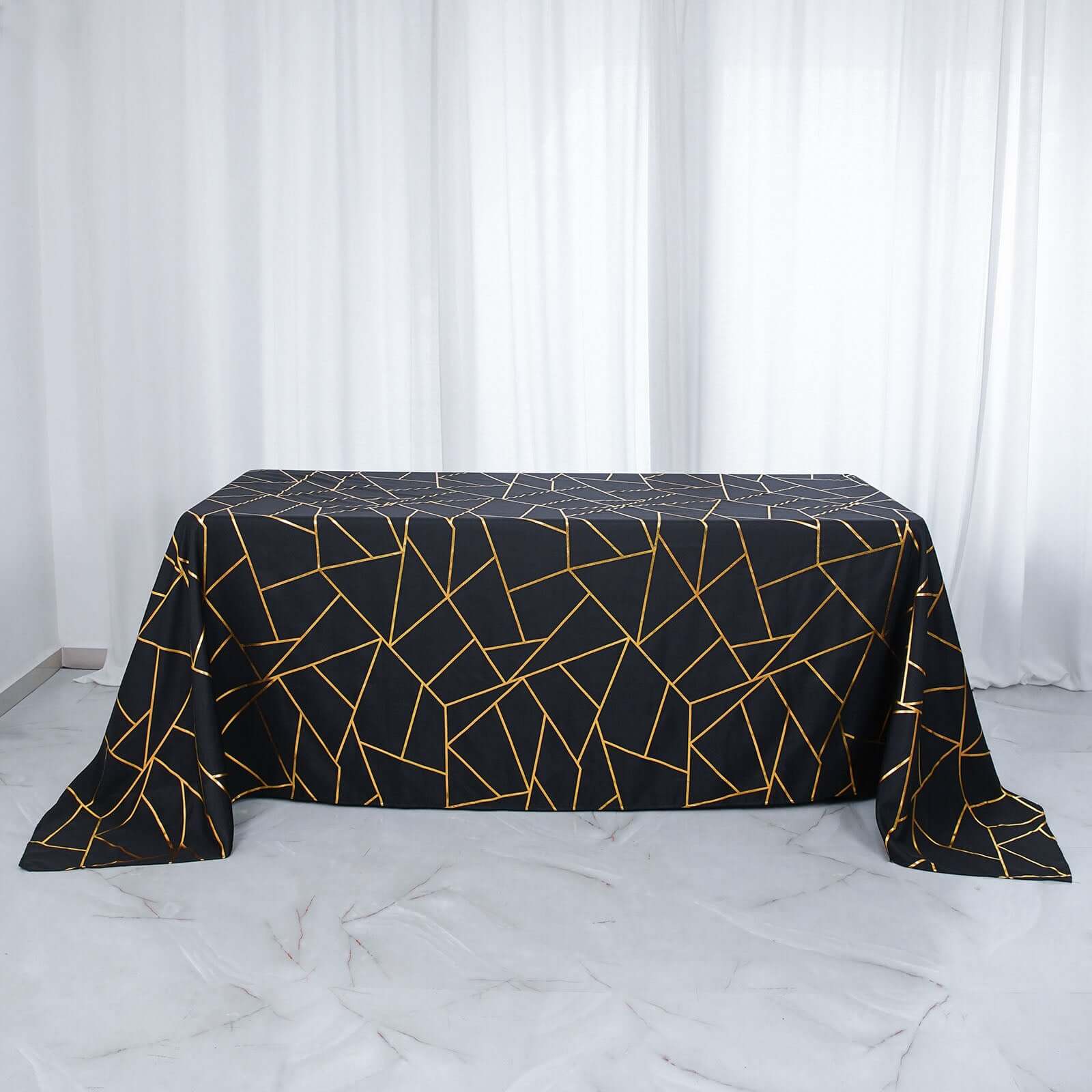 Polyester Rectangle Tablecloth 90"x132" Black with Gold Foil Geometric Pattern - Seamless and Wrinkle-Resistant Table Cover for Sophisticated Weddings & Events
