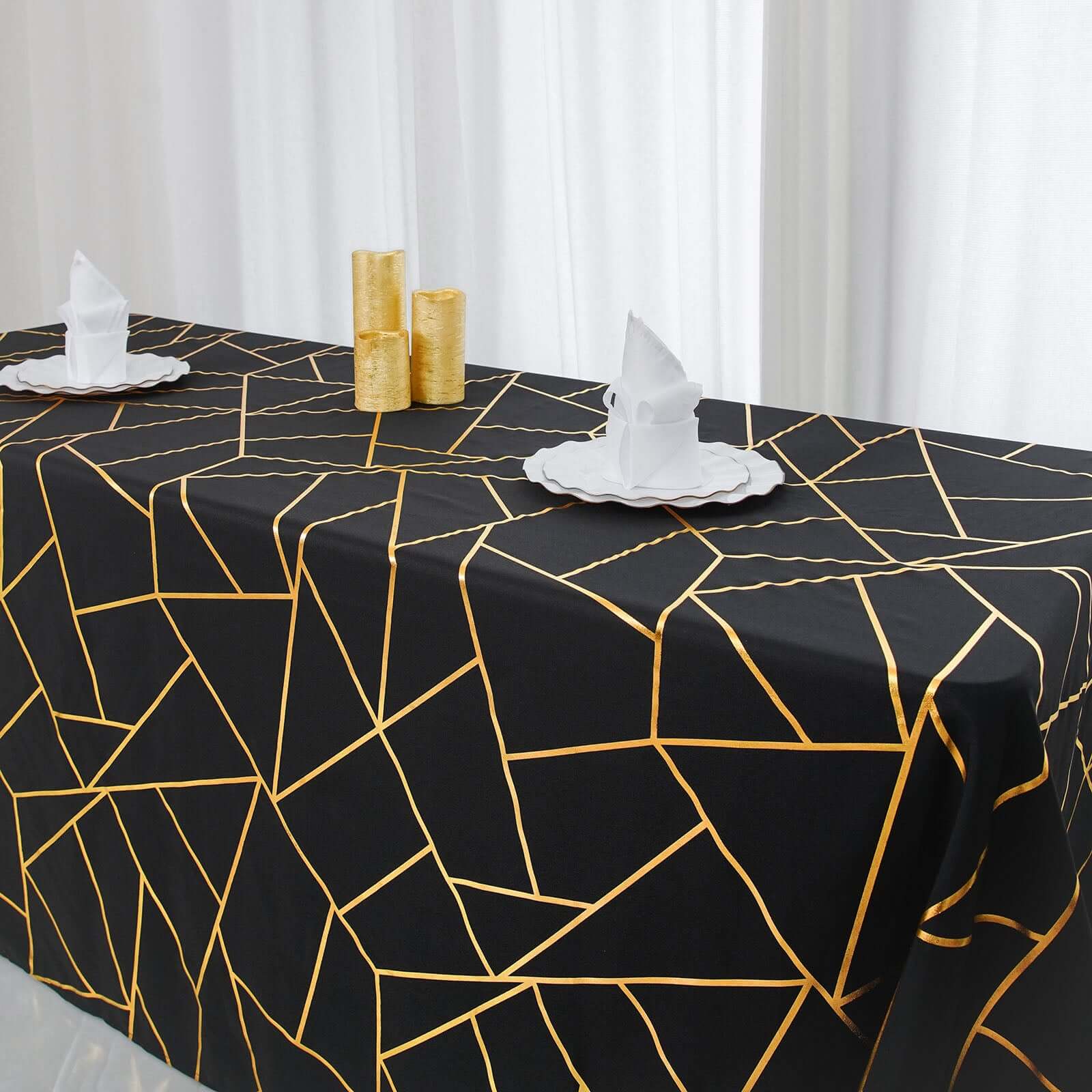 Polyester Rectangle Tablecloth 90"x132" Black with Gold Foil Geometric Pattern - Seamless and Wrinkle-Resistant Table Cover for Sophisticated Weddings & Events - Image 5
