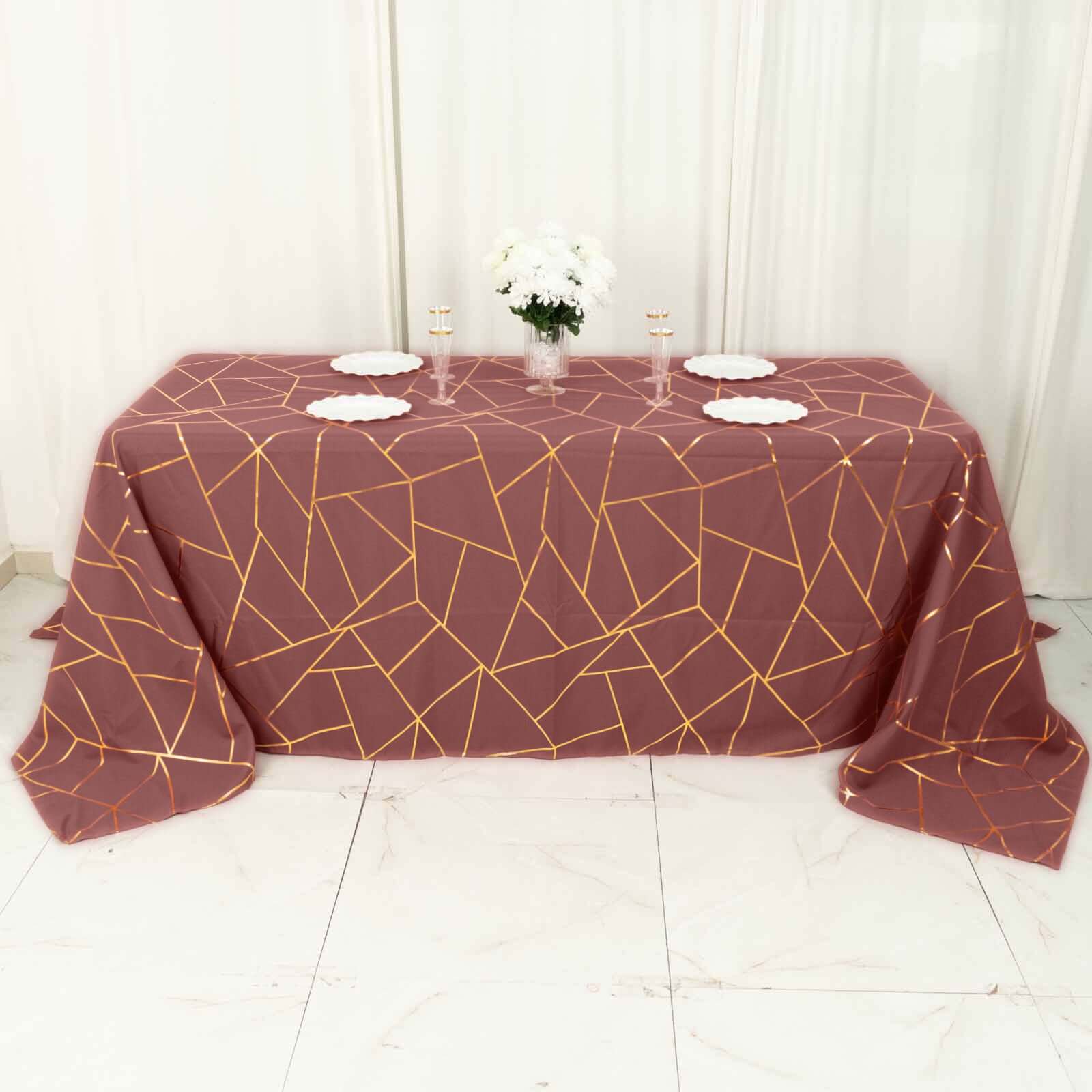 Polyester Rectangle Tablecloth 90"x132" Cinnamon Rose with Gold Foil Geometric Pattern - Seamless & Wrinkle-Resistant Table Cover