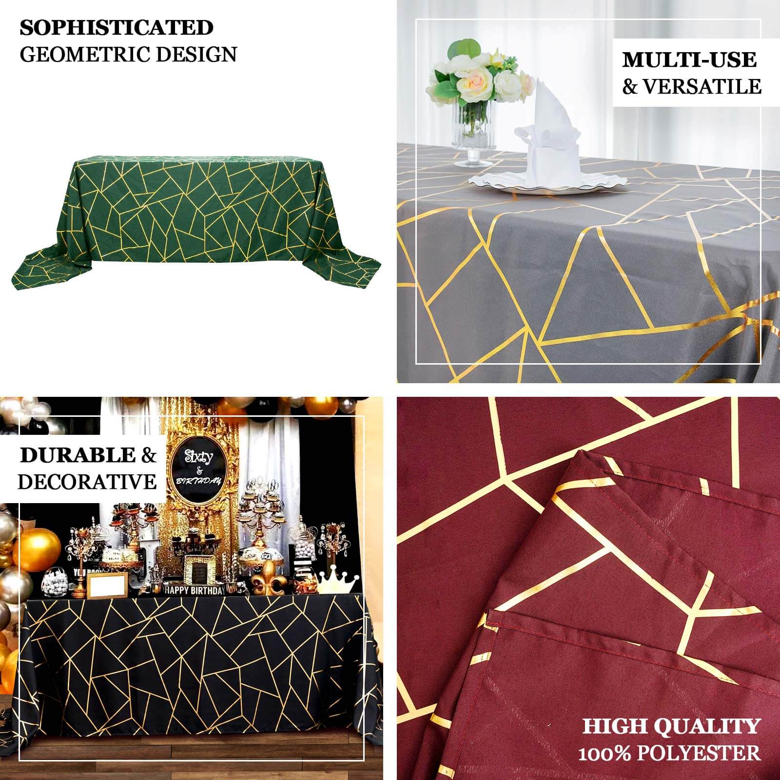 Polyester Rectangle Tablecloth 90"x132" Cinnamon Rose with Gold Foil Geometric Pattern - Seamless & Wrinkle-Resistant Table Cover - Image 4