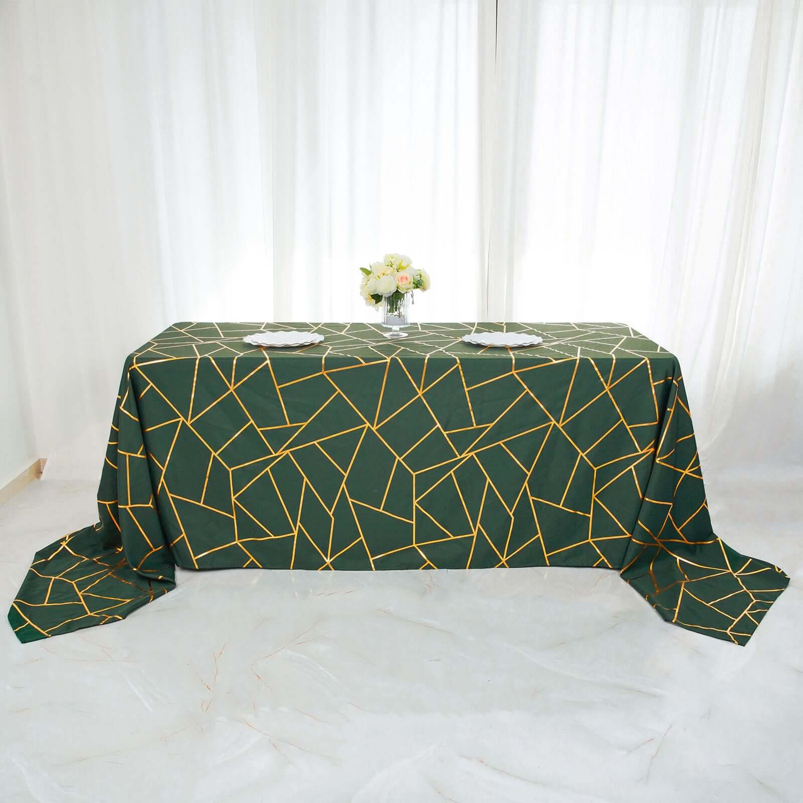 Polyester Rectangle Tablecloth 90"x132" Hunter Emerald Green with Gold Foil Geometric Pattern - Seamless & Wrinkle-Resistant Table Cover