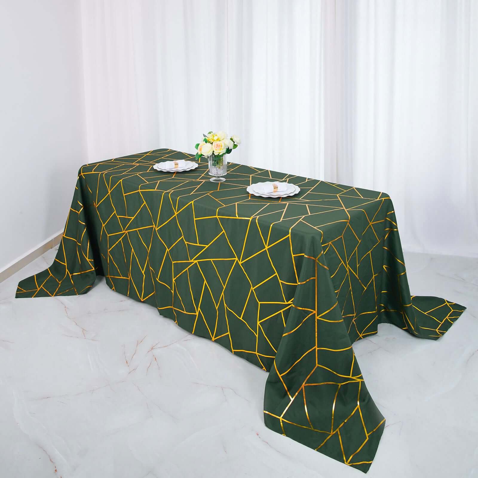 Polyester Rectangle Tablecloth 90"x132" Hunter Emerald Green with Gold Foil Geometric Pattern - Seamless & Wrinkle-Resistant Table Cover - Image 3