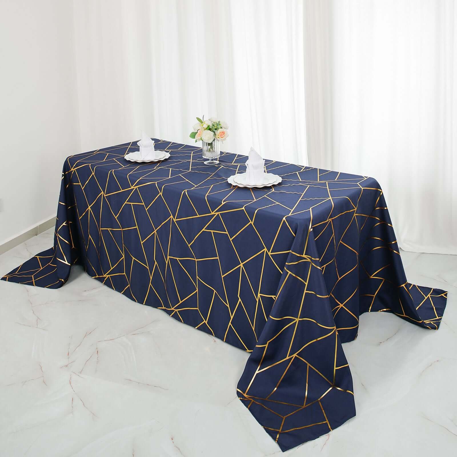 Polyester Rectangle Tablecloth 90"x132" Navy Blue with Gold Foil Geometric Pattern - Seamless & Wrinkle-Resistant Table Cover - Image 3
