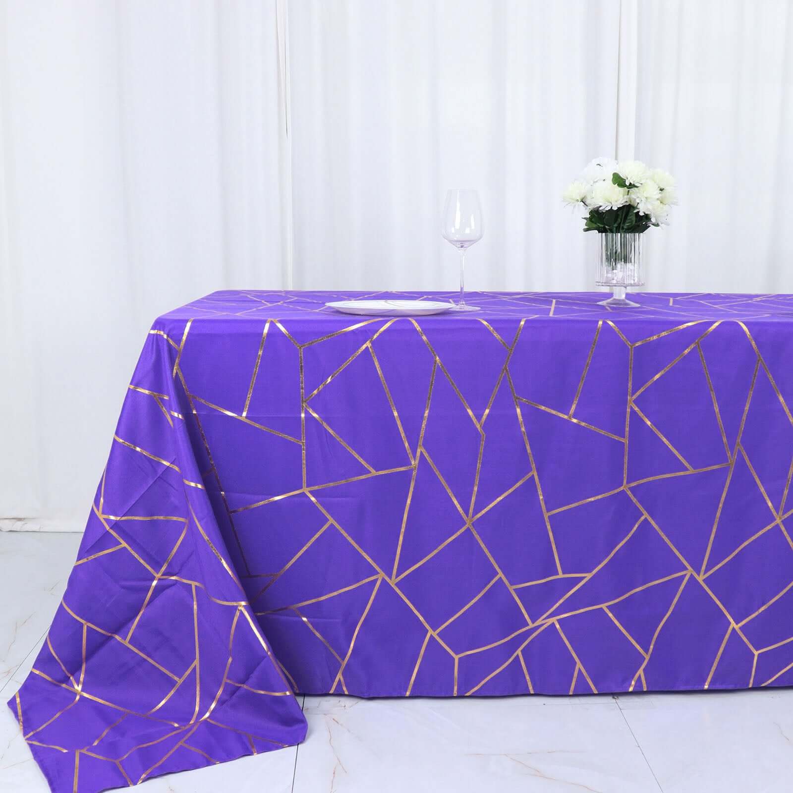 Polyester Rectangle Tablecloth 90"x132" Purple with Gold Foil Geometric Pattern - Seamless & Wrinkle-Resistant Table Cover