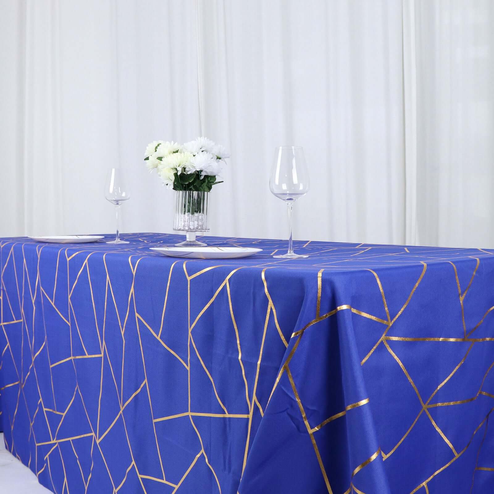 Polyester Rectangle Tablecloth 90"x132" Royal Blue with Gold Foil Geometric Pattern - Seamless & Wrinkle-Resistant Table Cover - Image 2