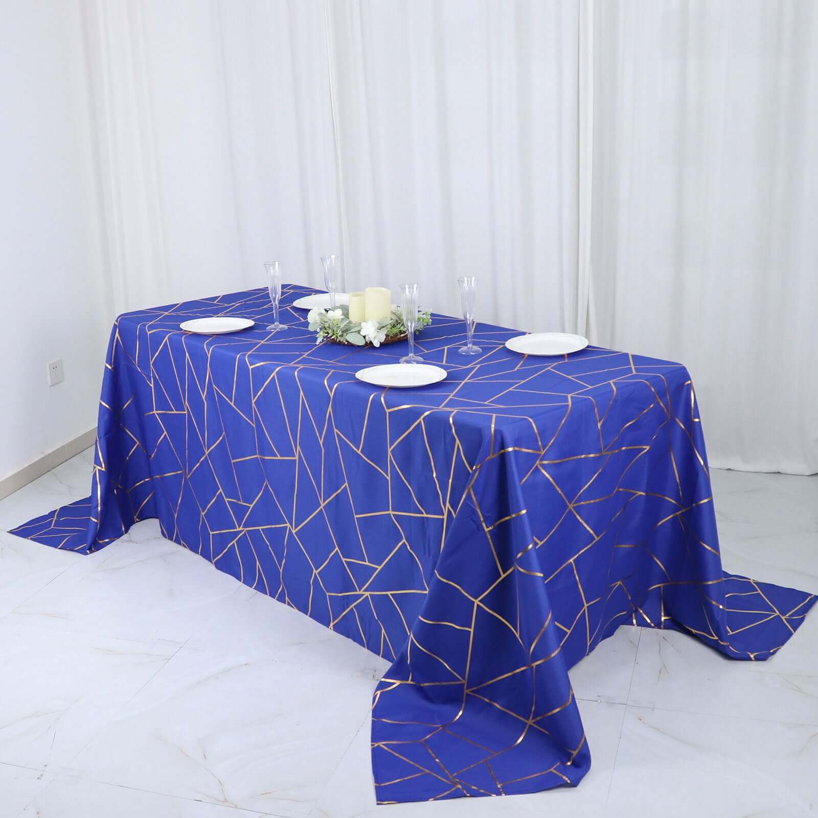 Polyester Rectangle Tablecloth 90"x132" Royal Blue with Gold Foil Geometric Pattern - Seamless & Wrinkle-Resistant Table Cover - Image 3