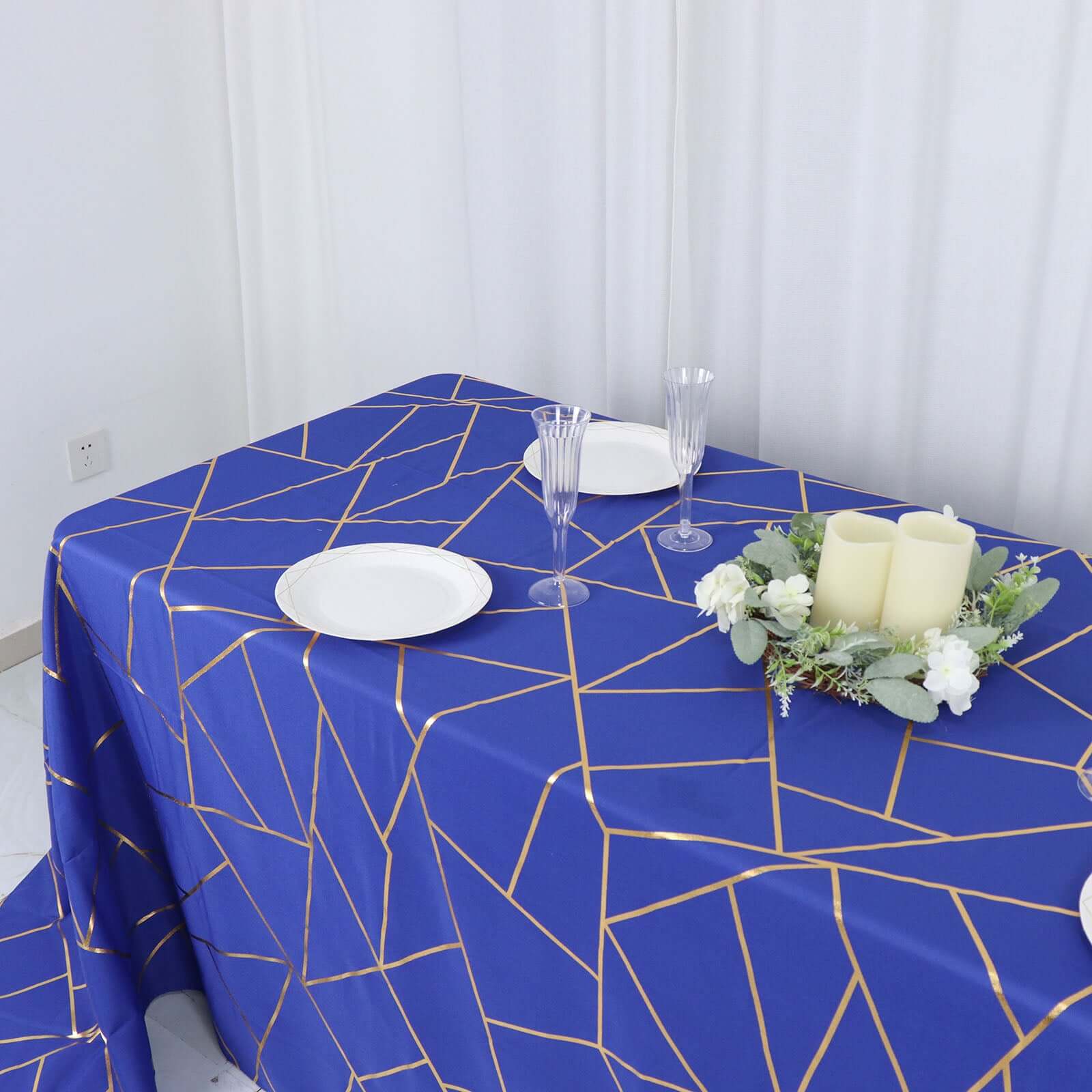 Polyester Rectangle Tablecloth 90"x132" Royal Blue with Gold Foil Geometric Pattern - Seamless & Wrinkle-Resistant Table Cover - Image 6