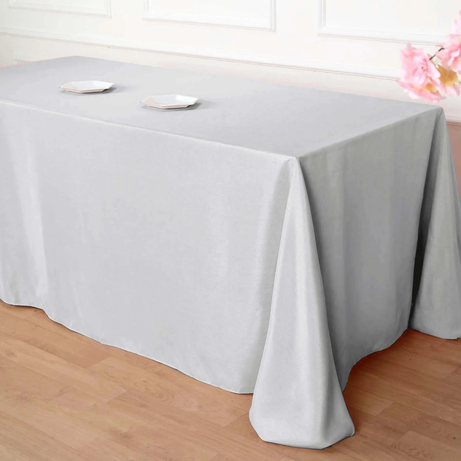 Polyester Rectangle Tablecloth 90"x132" Silver with Seamless Finish - Image 3