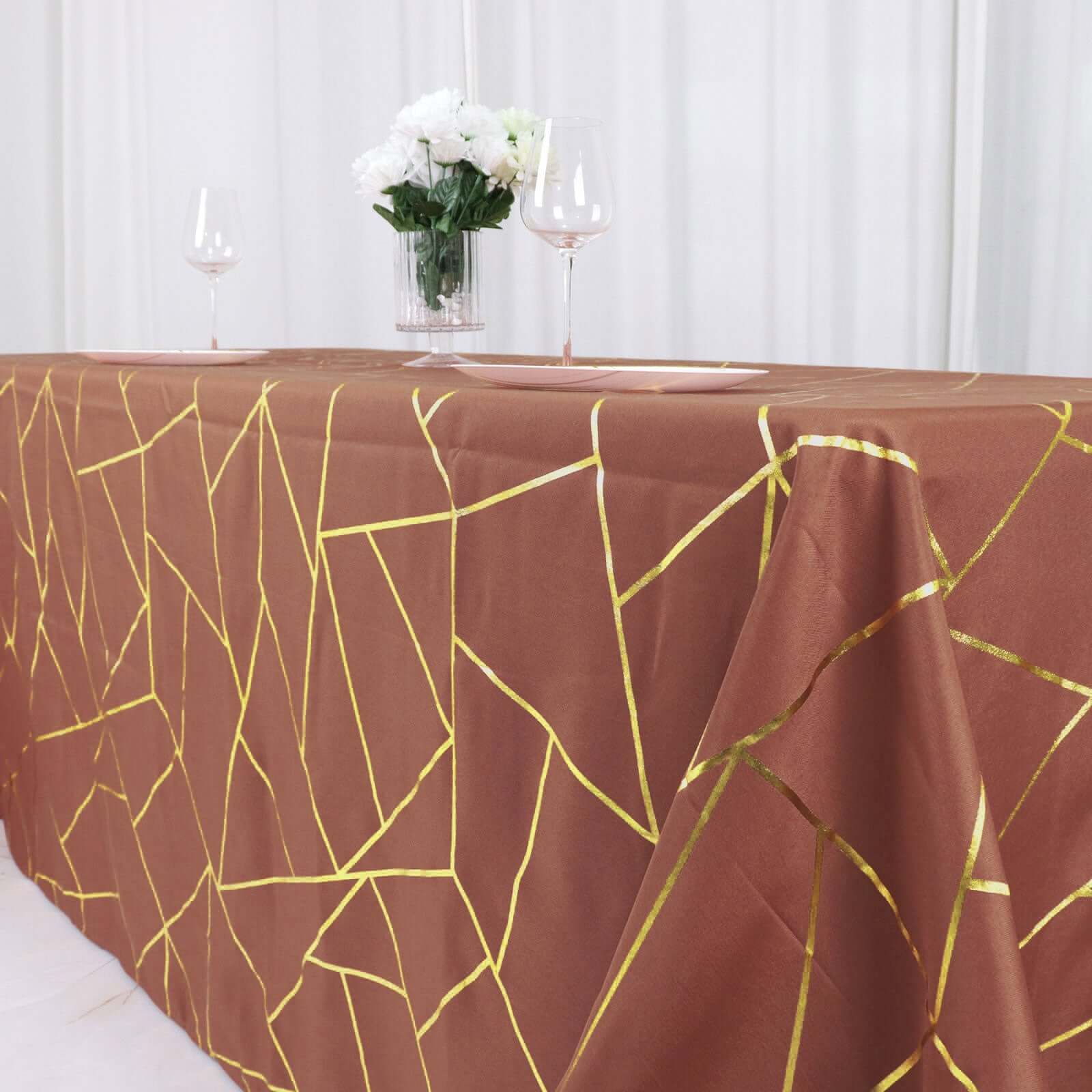 Polyester Rectangle Tablecloth 90"x132" Terracotta (Rust) with Gold Foil Geometric Pattern - Seamless & Wrinkle-Resistant Table Cover - Image 2