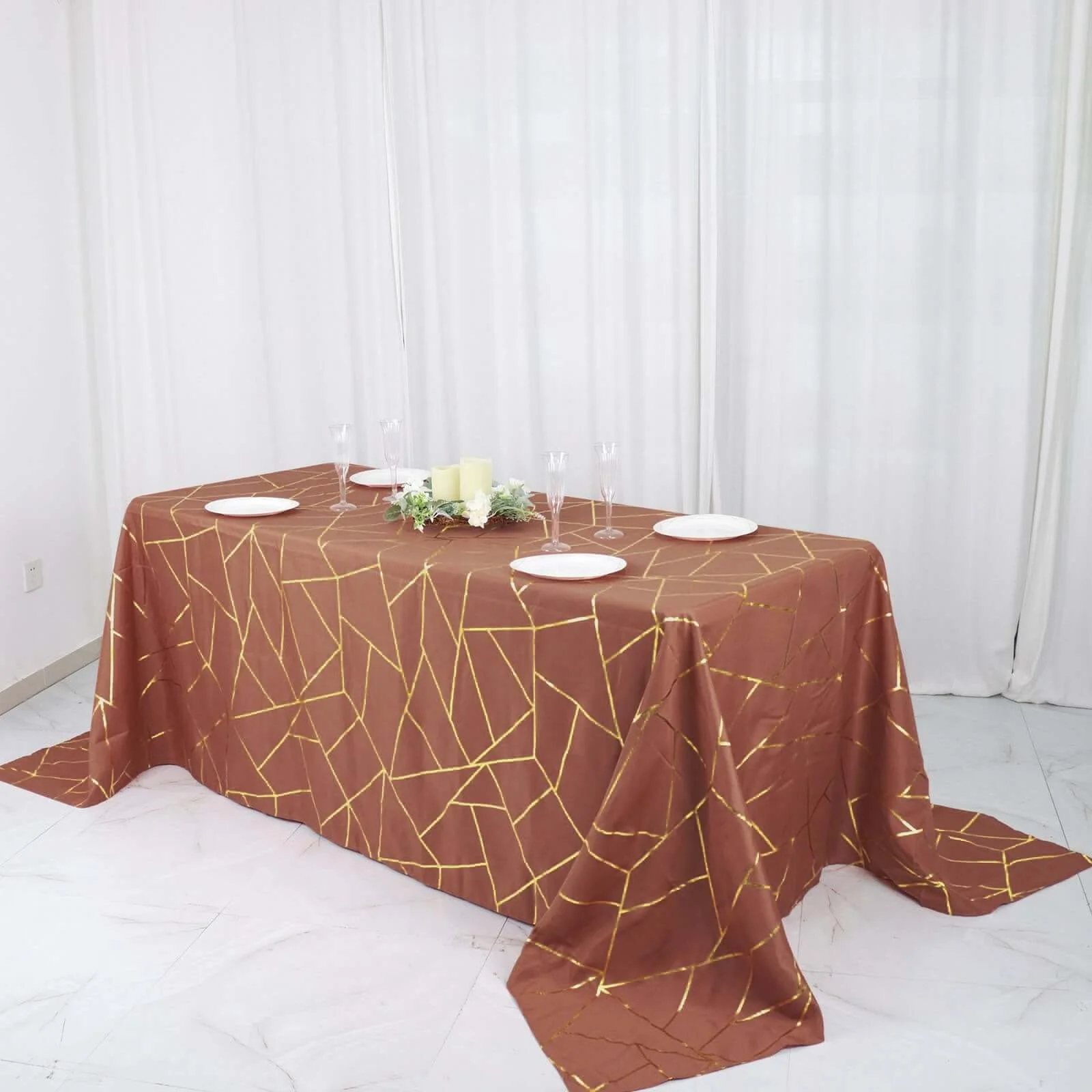 Polyester Rectangle Tablecloth 90"x132" Terracotta (Rust) with Gold Foil Geometric Pattern - Seamless & Wrinkle-Resistant Table Cover - Image 3