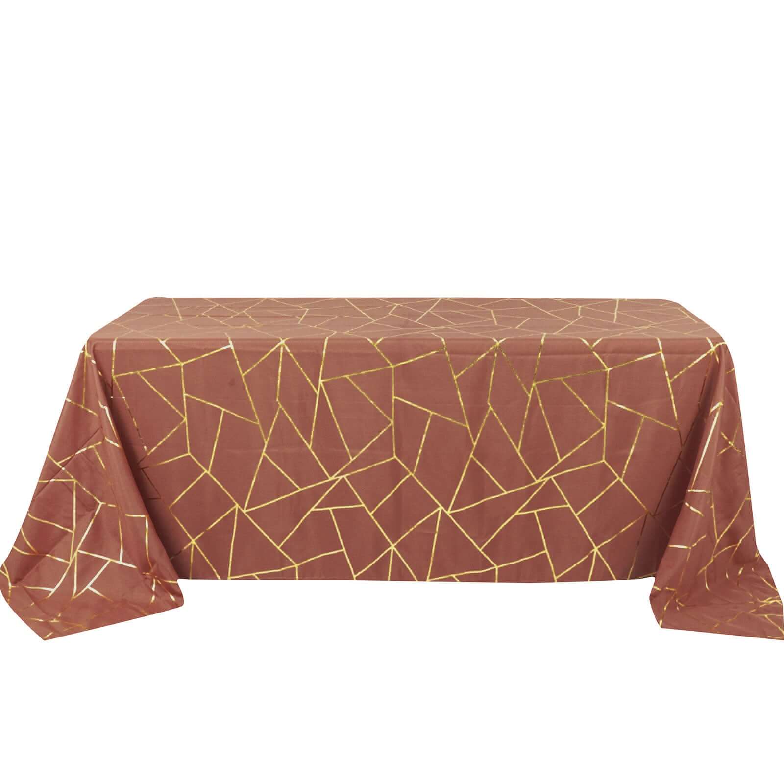 Polyester Rectangle Tablecloth 90"x132" Terracotta (Rust) with Gold Foil Geometric Pattern - Seamless & Wrinkle-Resistant Table Cover - Image 7