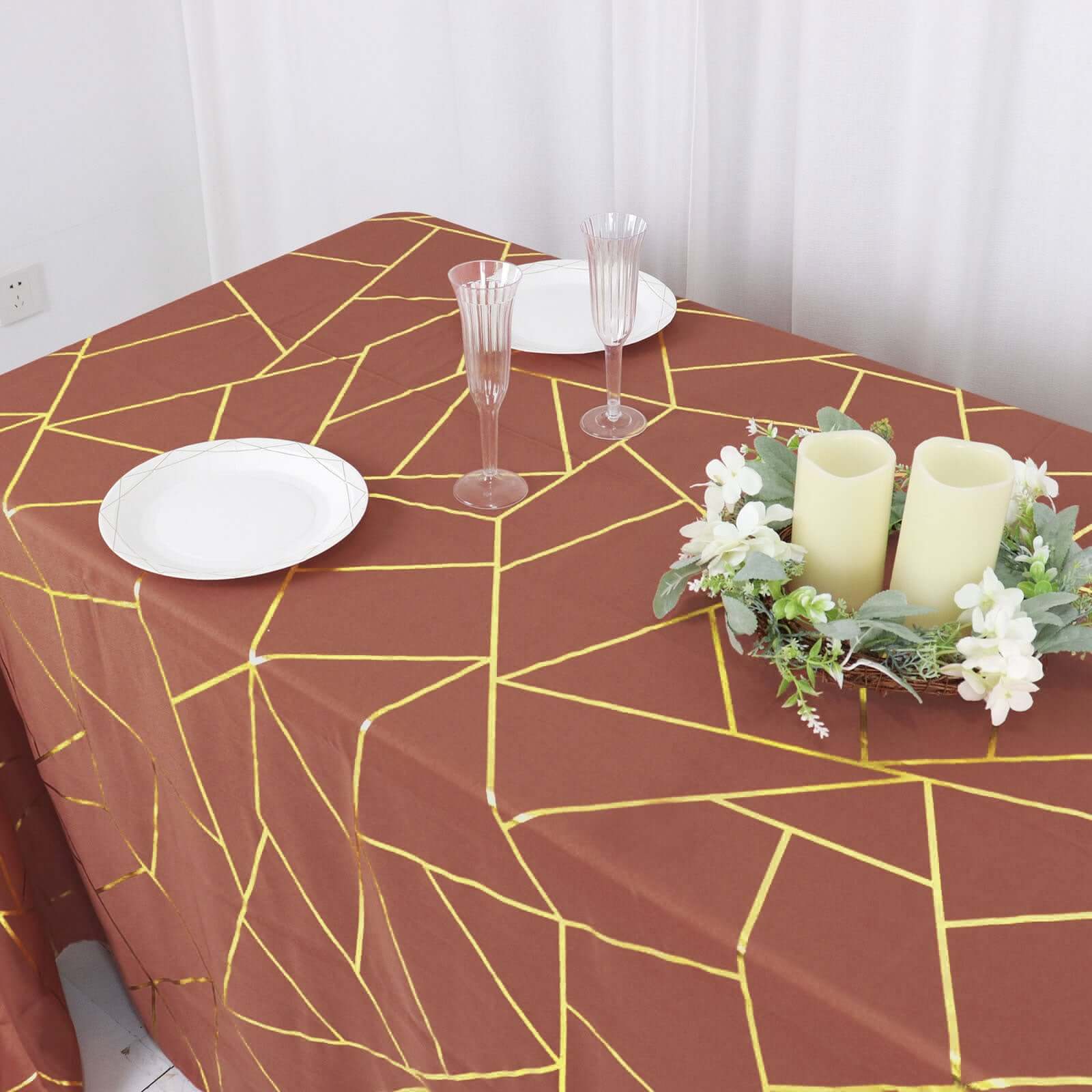 Polyester Rectangle Tablecloth 90"x132" Terracotta (Rust) with Gold Foil Geometric Pattern - Seamless & Wrinkle-Resistant Table Cover - Image 9