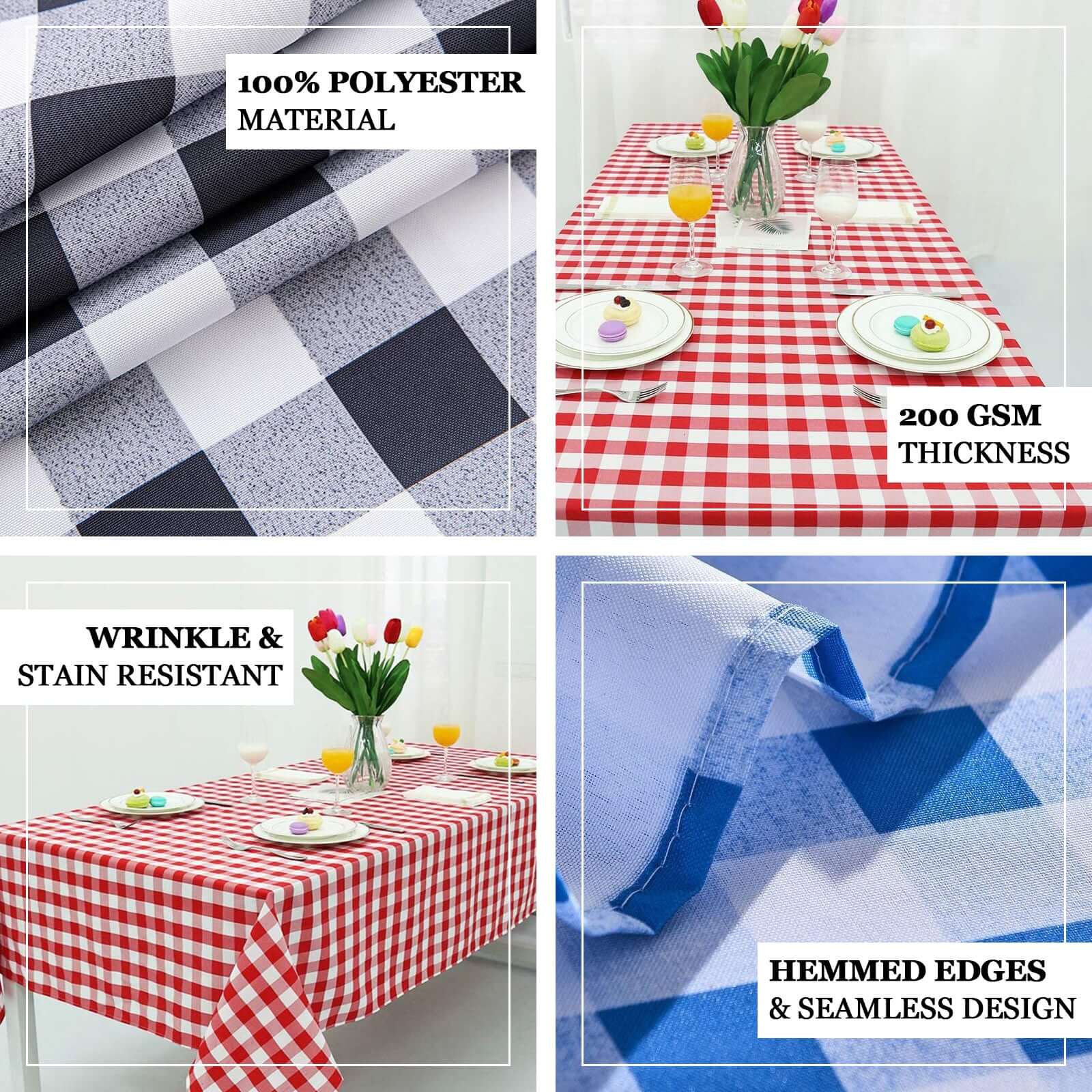 Polyester Rectangle Tablecloth 90"x132" White/Red Checkered Buffalo Plaid Design - Seamless Rustic Decor for Events - Image 4