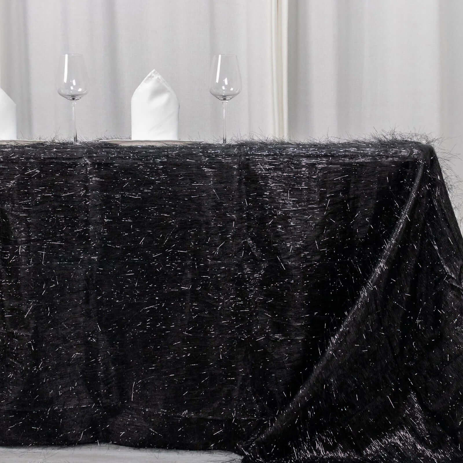 Polyester Rectangle Tablecloth 90"x156" Black Metallic Fringe Shag Tinsel Table Cover - Image 10