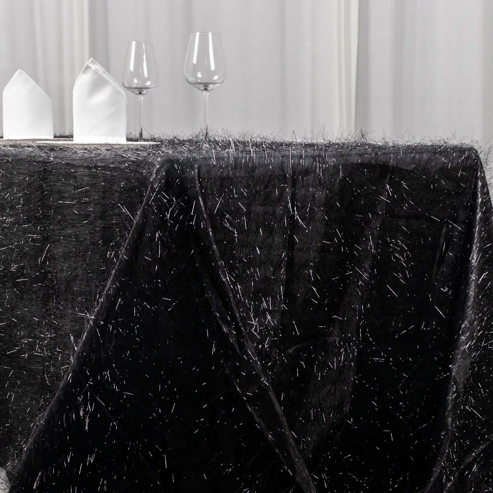 Polyester Rectangle Tablecloth 90"x156" Black Metallic Fringe Shag Tinsel Table Cover - Image 2
