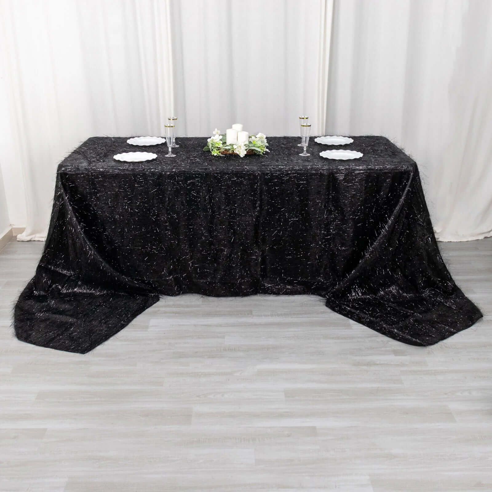 Polyester Rectangle Tablecloth 90"x156" Black Metallic Fringe Shag Tinsel Table Cover - Image 3