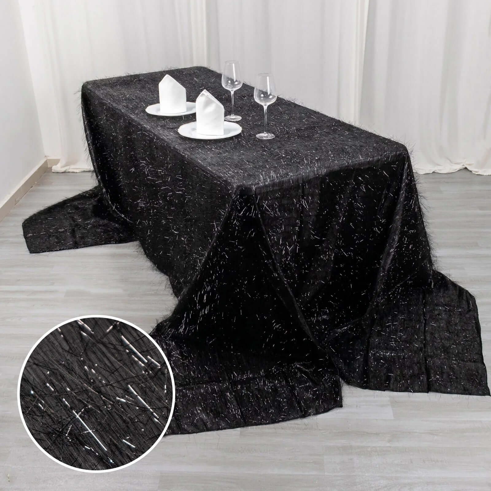 Polyester Rectangle Tablecloth 90"x156" Black Metallic Fringe Shag Tinsel Table Cover - Image 4