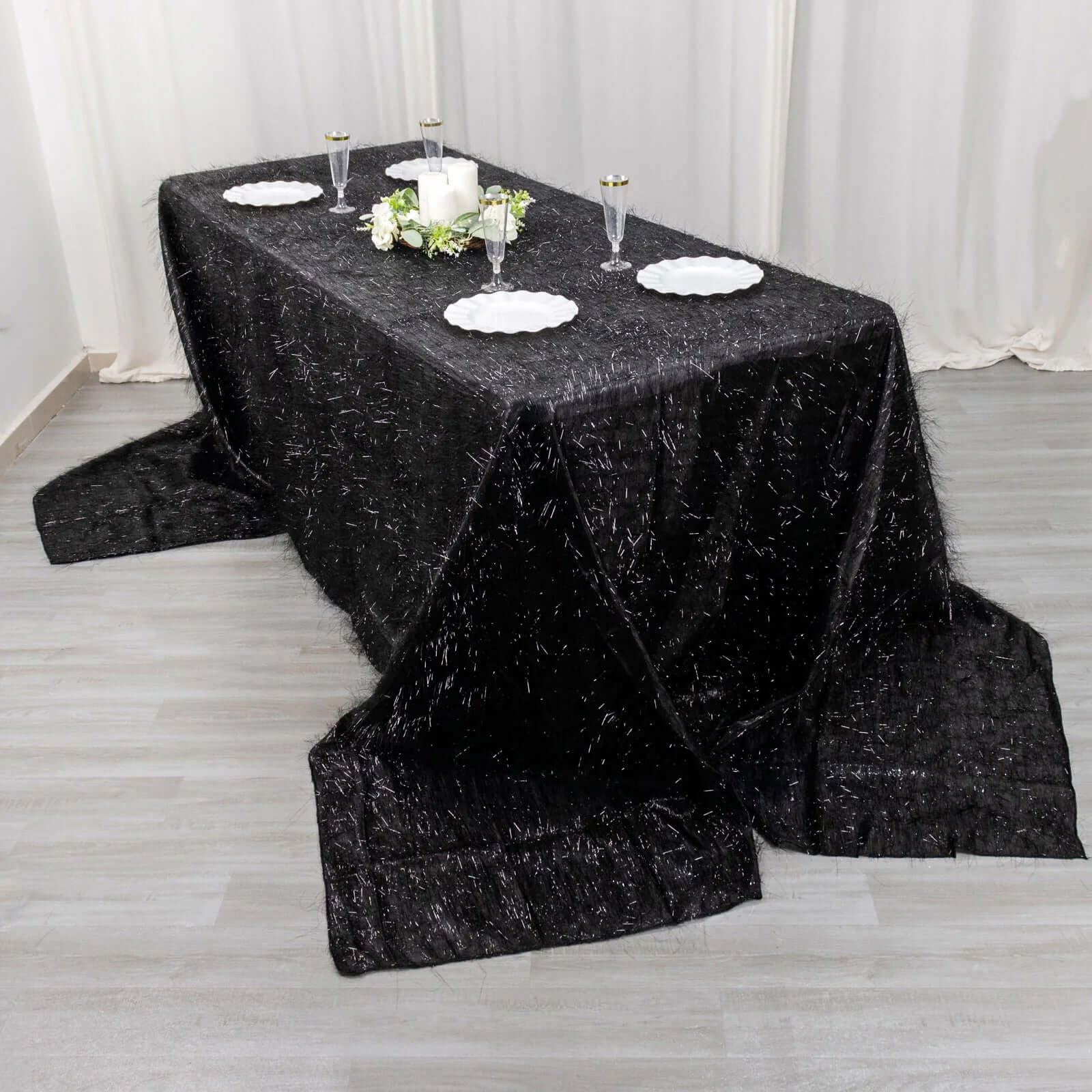 Polyester Rectangle Tablecloth 90"x156" Black Metallic Fringe Shag Tinsel Table Cover - Image 5