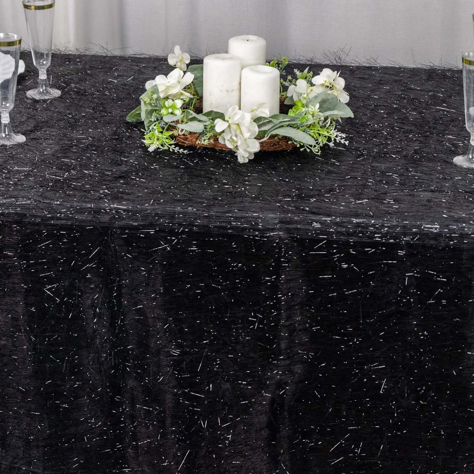 Polyester Rectangle Tablecloth 90"x156" Black Metallic Fringe Shag Tinsel Table Cover - Image 7