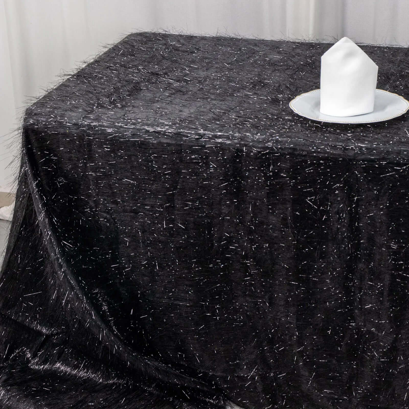 Polyester Rectangle Tablecloth 90"x156" Black Metallic Fringe Shag Tinsel Table Cover - Image 8