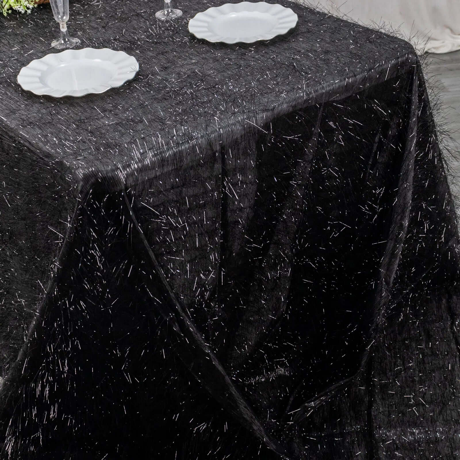 Polyester Rectangle Tablecloth 90"x156" Black Metallic Fringe Shag Tinsel Table Cover - Image 9