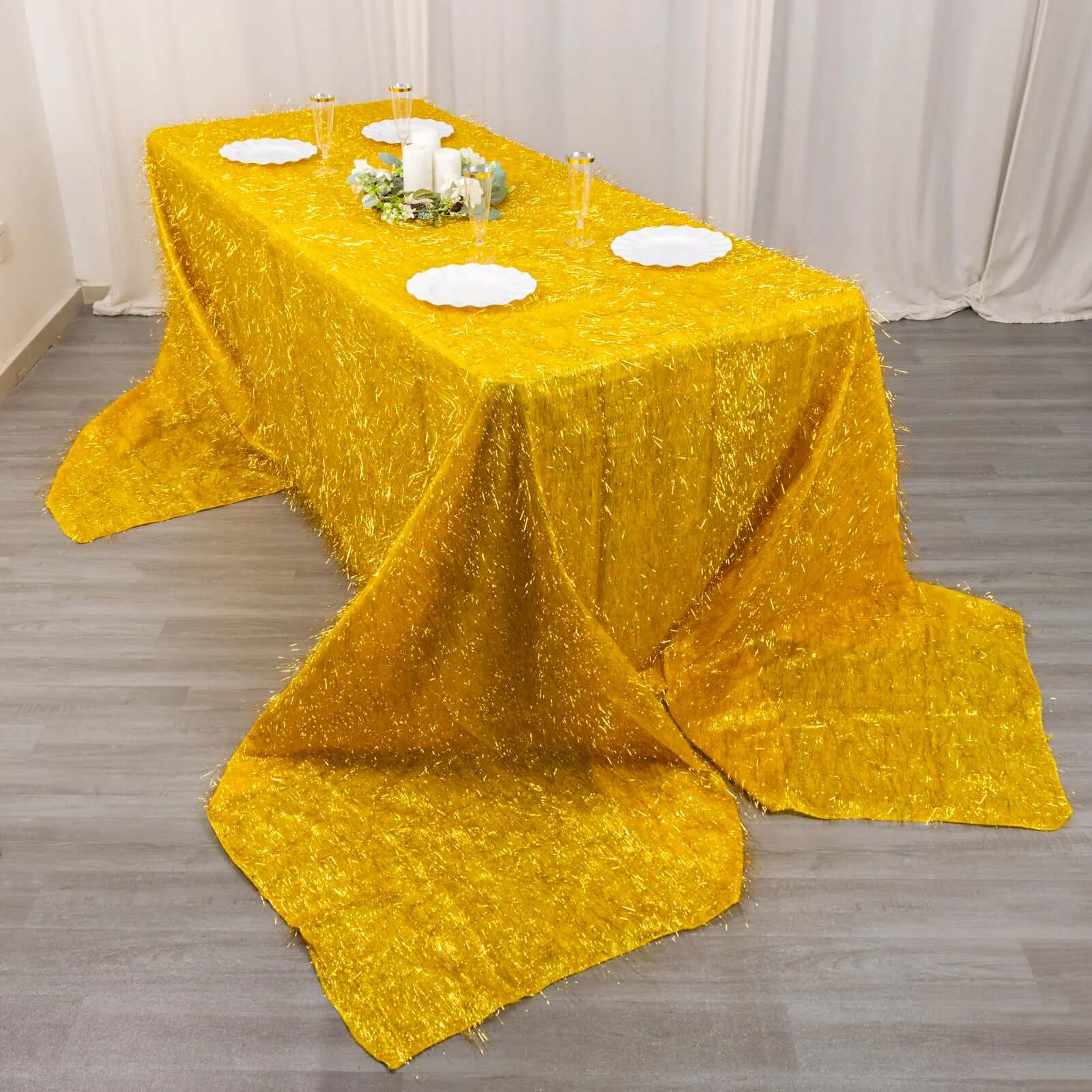 Polyester Rectangle Tablecloth 90"x156" Gold Metallic Fringe Shag Tinsel Design - Dazzling Table Cover for Upscale Events - Image 5