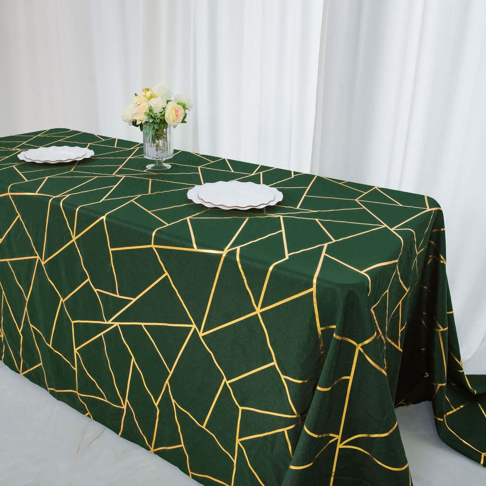 Polyester Rectangle Tablecloth 90"x156" Hunter Emerald Green with Gold Foil Geometric Pattern - Seamless & Wrinkle-Resistant Table Cover - Image 10