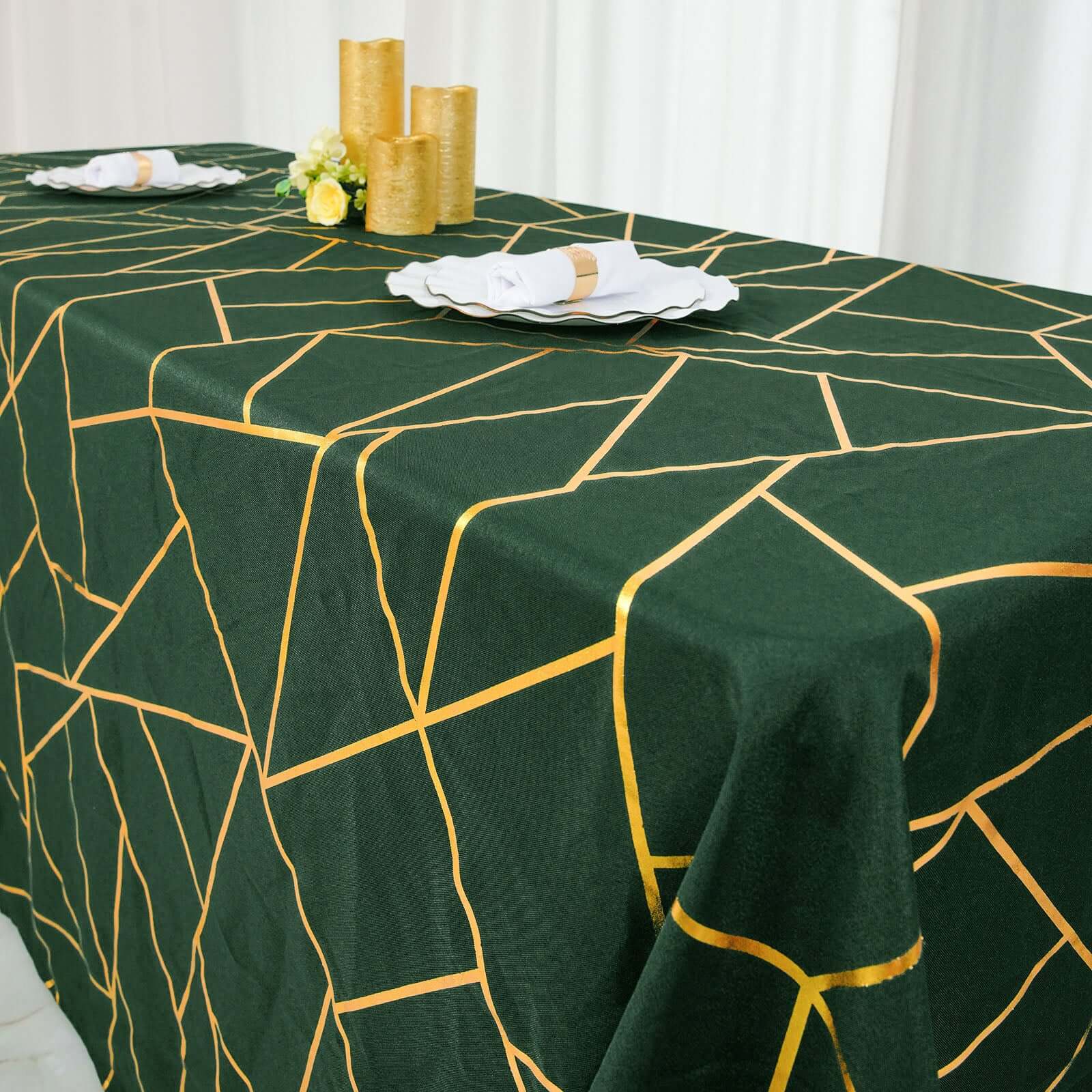 Polyester Rectangle Tablecloth 90"x156" Hunter Emerald Green with Gold Foil Geometric Pattern - Seamless & Wrinkle-Resistant Table Cover - Image 11