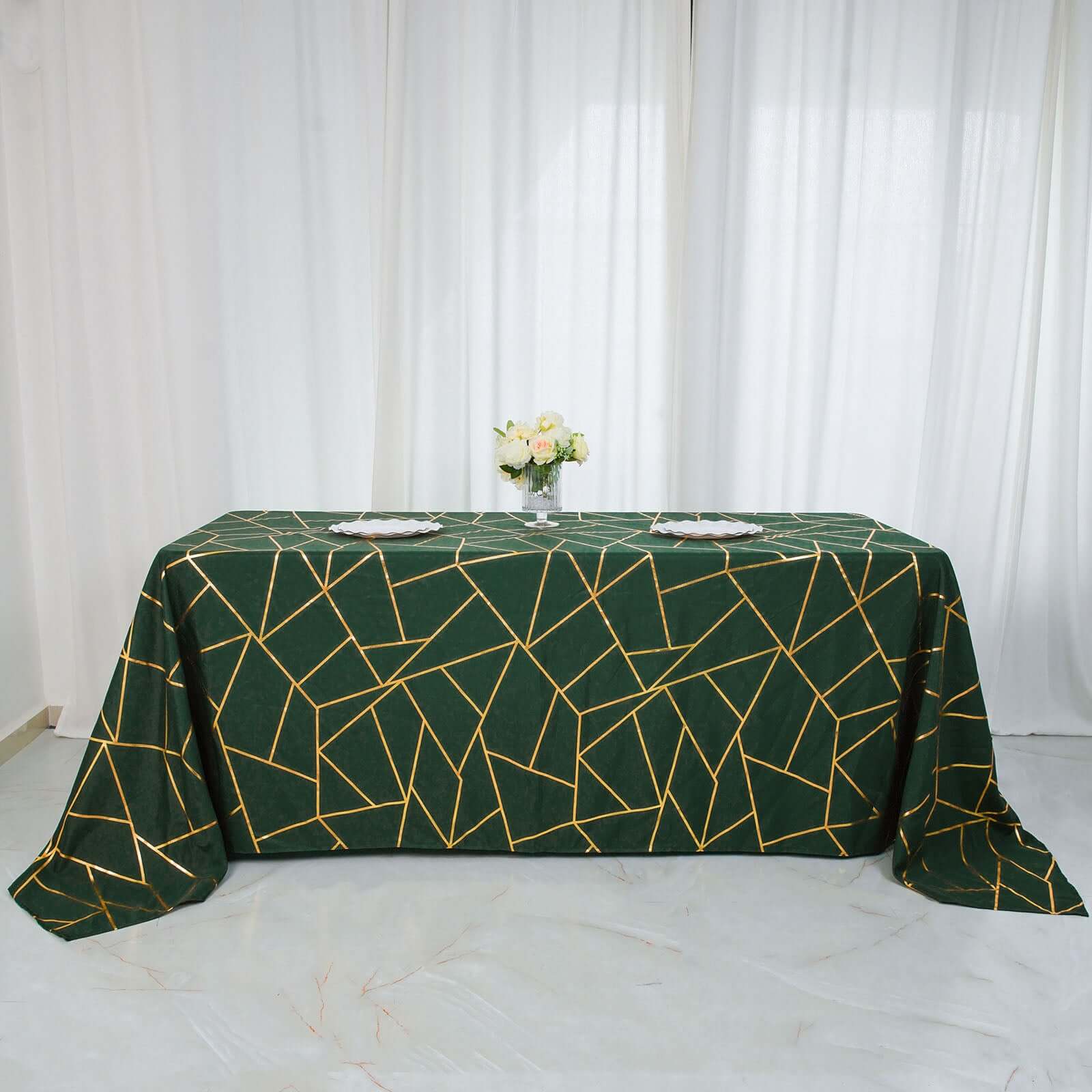 Polyester Rectangle Tablecloth 90"x156" Hunter Emerald Green with Gold Foil Geometric Pattern - Seamless & Wrinkle-Resistant Table Cover - Image 12