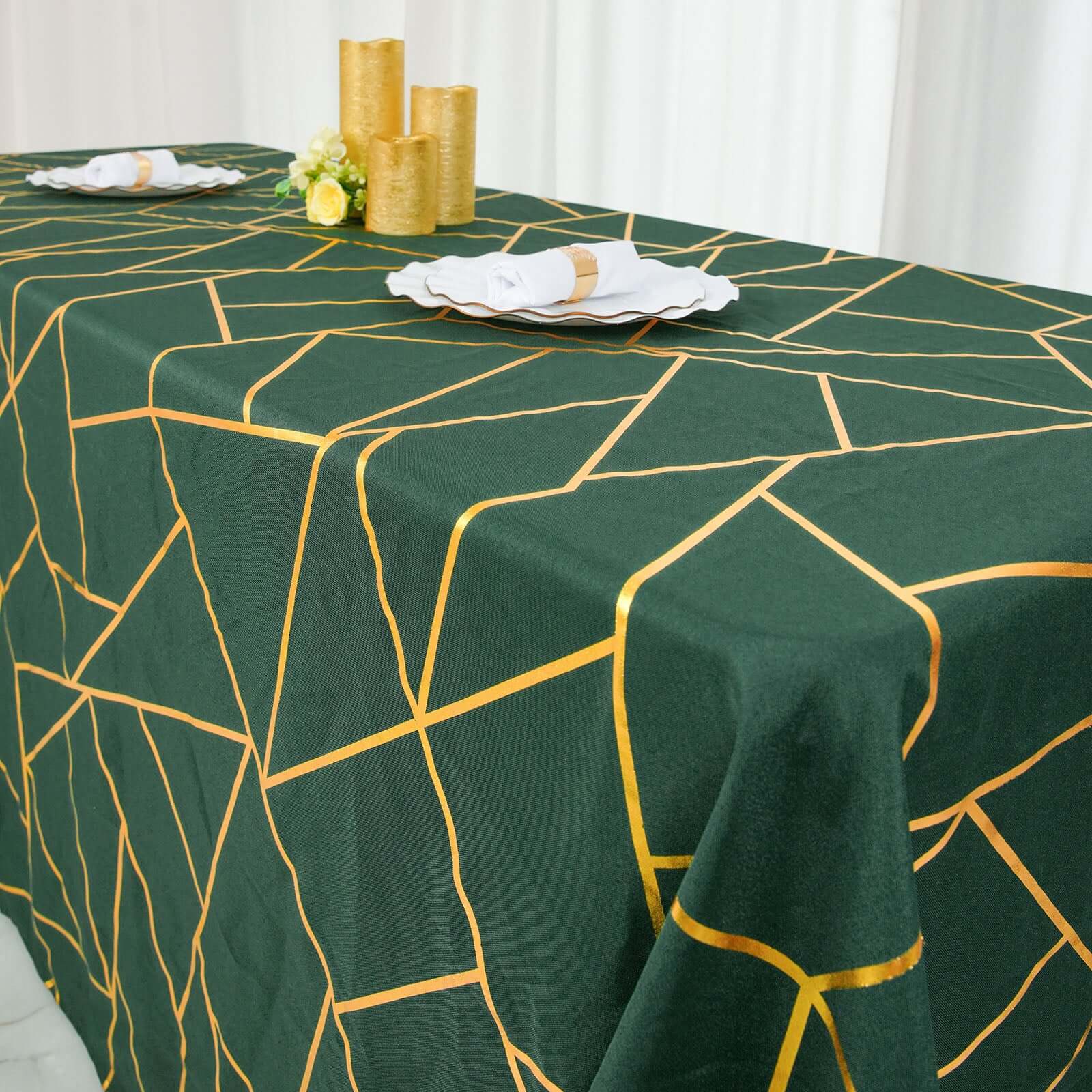 Polyester Rectangle Tablecloth 90"x156" Hunter Emerald Green with Gold Foil Geometric Pattern - Seamless & Wrinkle-Resistant Table Cover - Image 2