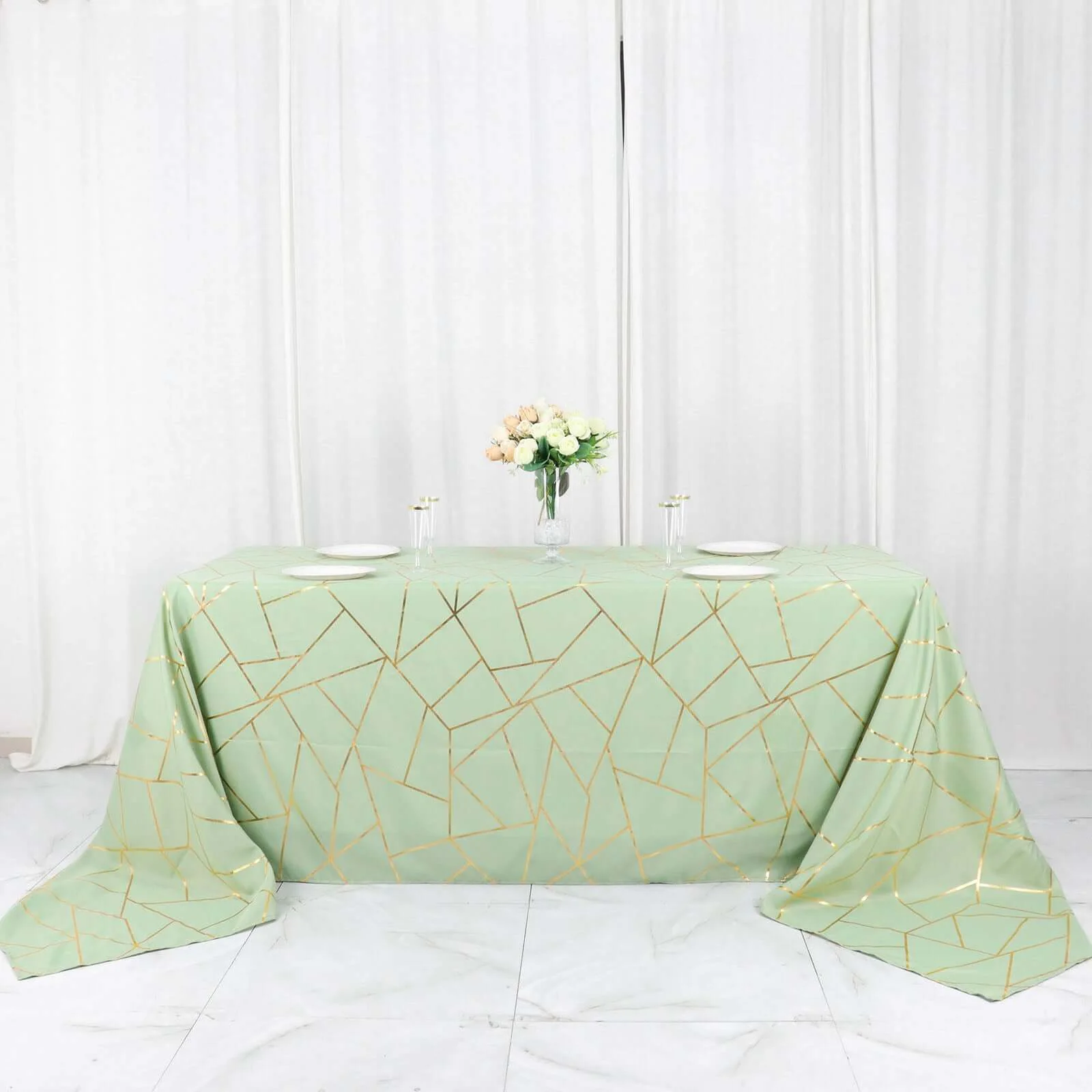 Polyester Rectangle Tablecloth 90"x156" Sage Green with Gold Foil Geometric Pattern - Seamless & Wrinkle-Resistant Table Cover