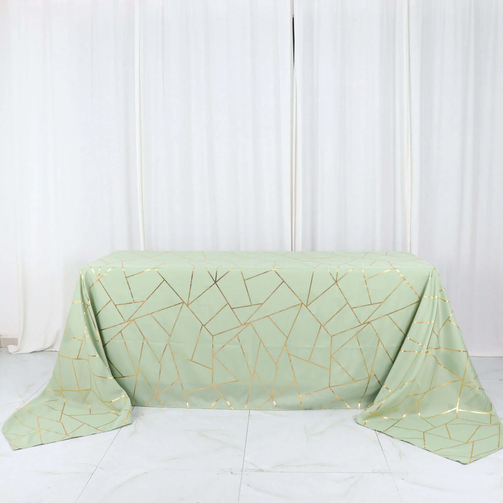 Polyester Rectangle Tablecloth 90"x156" Sage Green with Gold Foil Geometric Pattern - Seamless & Wrinkle-Resistant Table Cover - Image 5