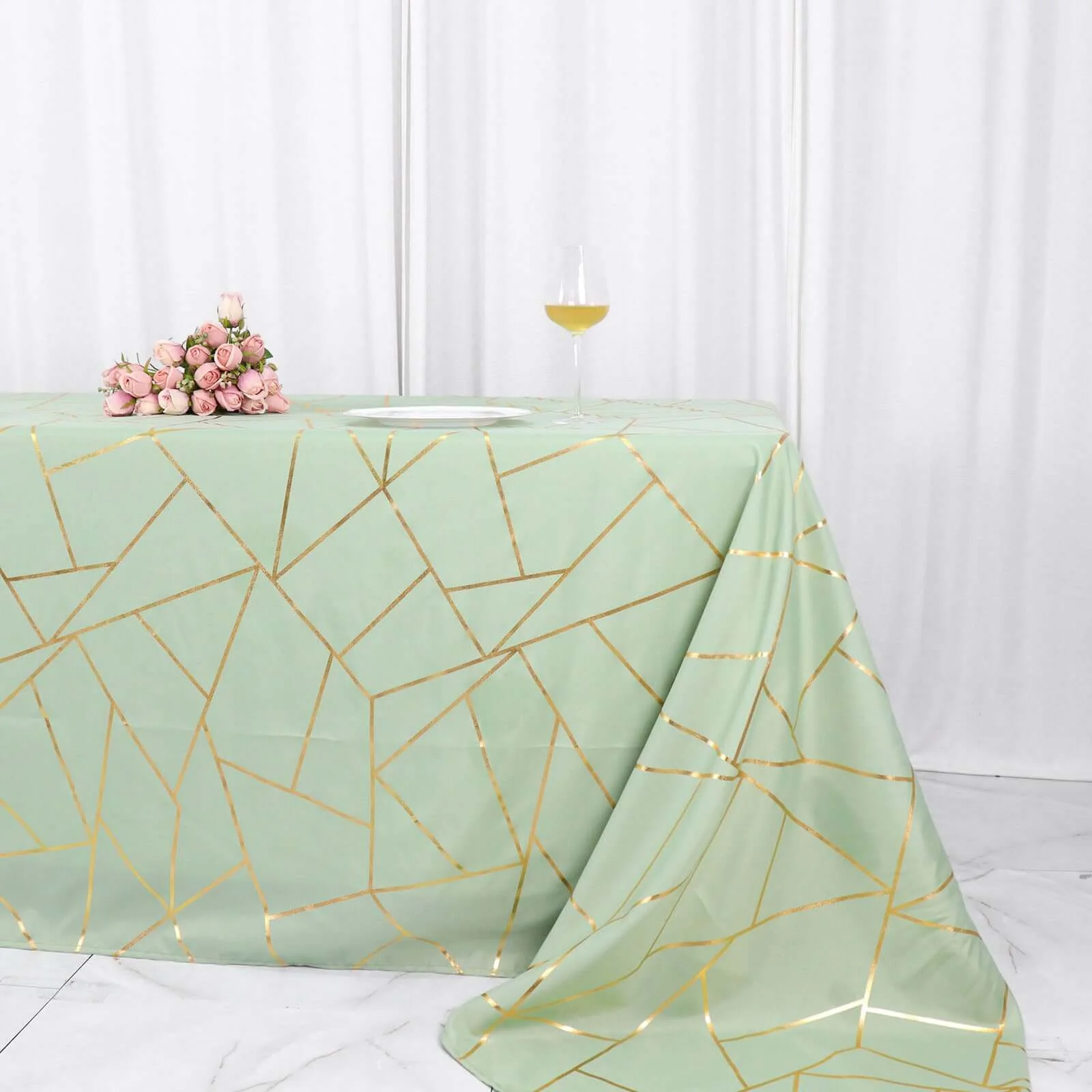 Polyester Rectangle Tablecloth 90"x156" Sage Green with Gold Foil Geometric Pattern - Seamless & Wrinkle-Resistant Table Cover - Image 7