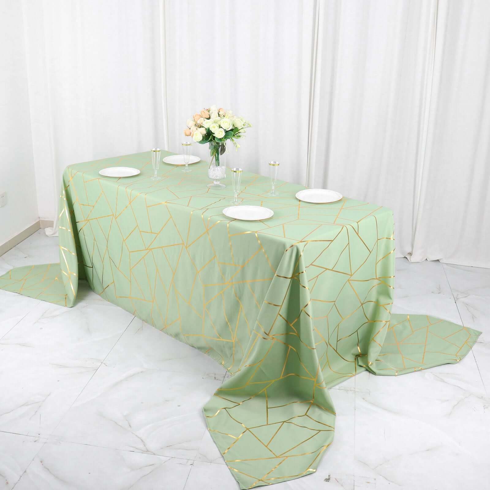 Polyester Rectangle Tablecloth 90"x156" Sage Green with Gold Foil Geometric Pattern - Seamless & Wrinkle-Resistant Table Cover - Image 9