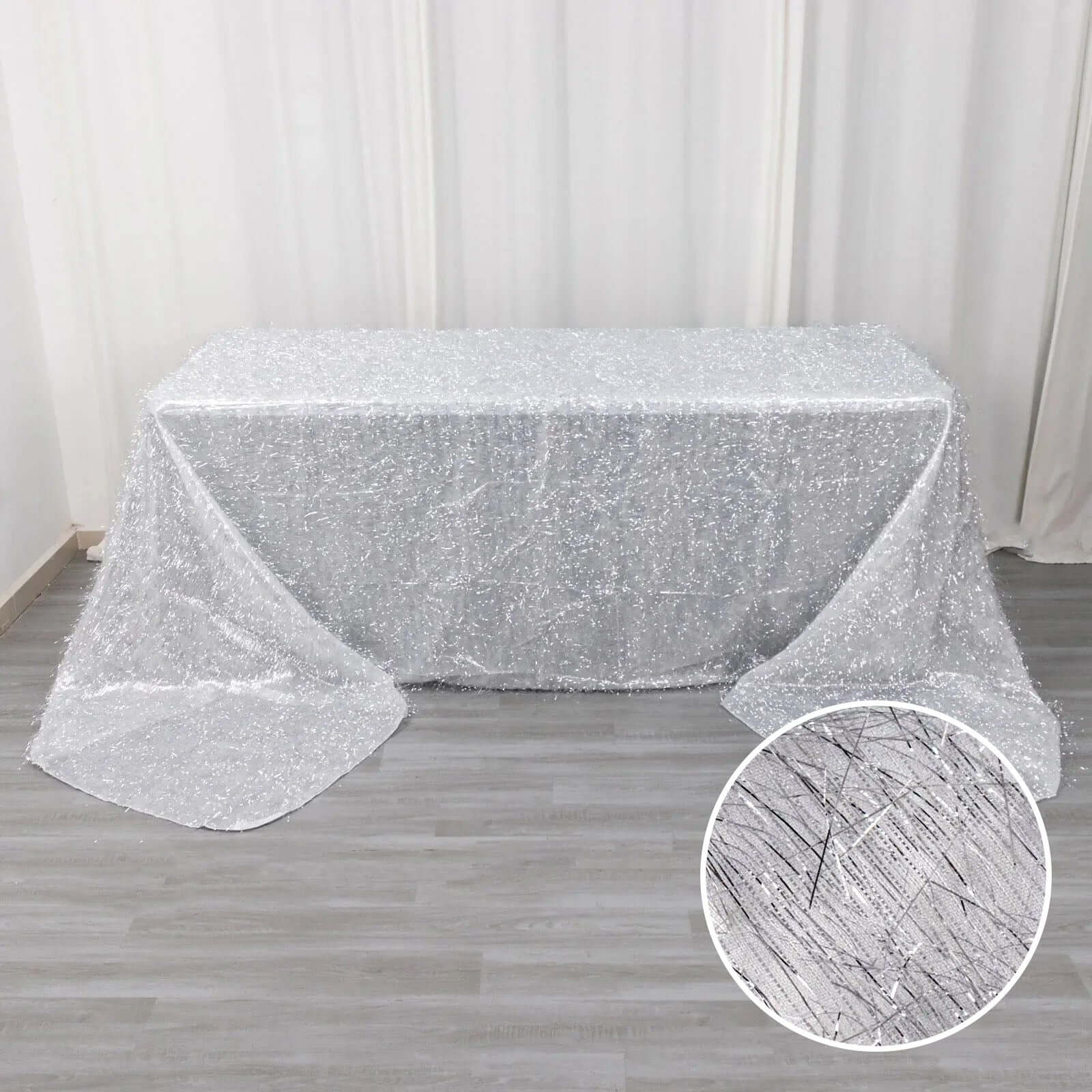 Polyester Rectangle Tablecloth 90"x156" Silver Metallic Fringe Shag Tinsel Table Cover