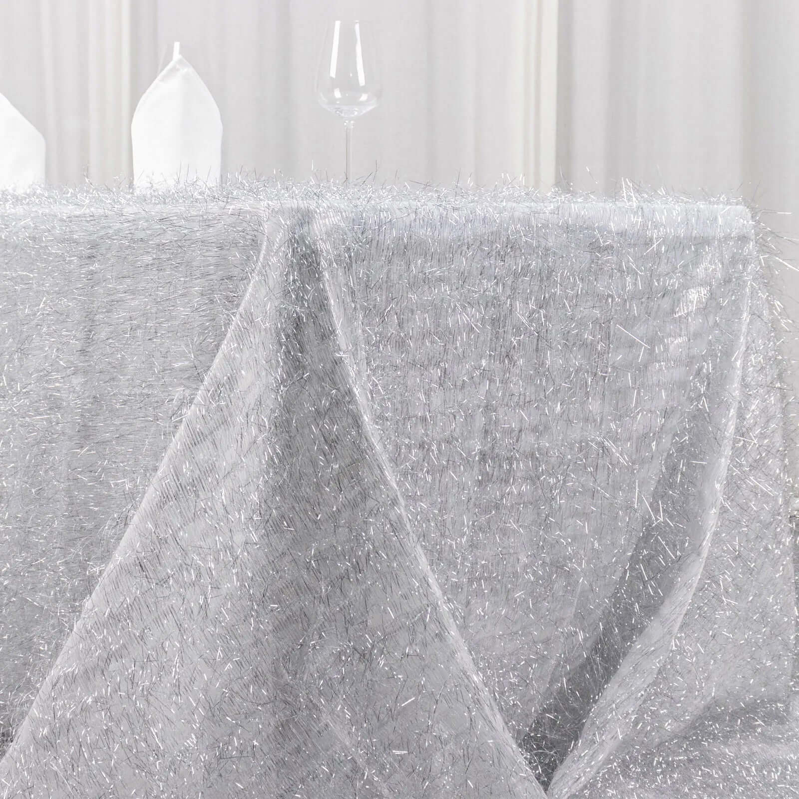 Polyester Rectangle Tablecloth 90"x156" Silver Metallic Fringe Shag Tinsel Table Cover - Image 2