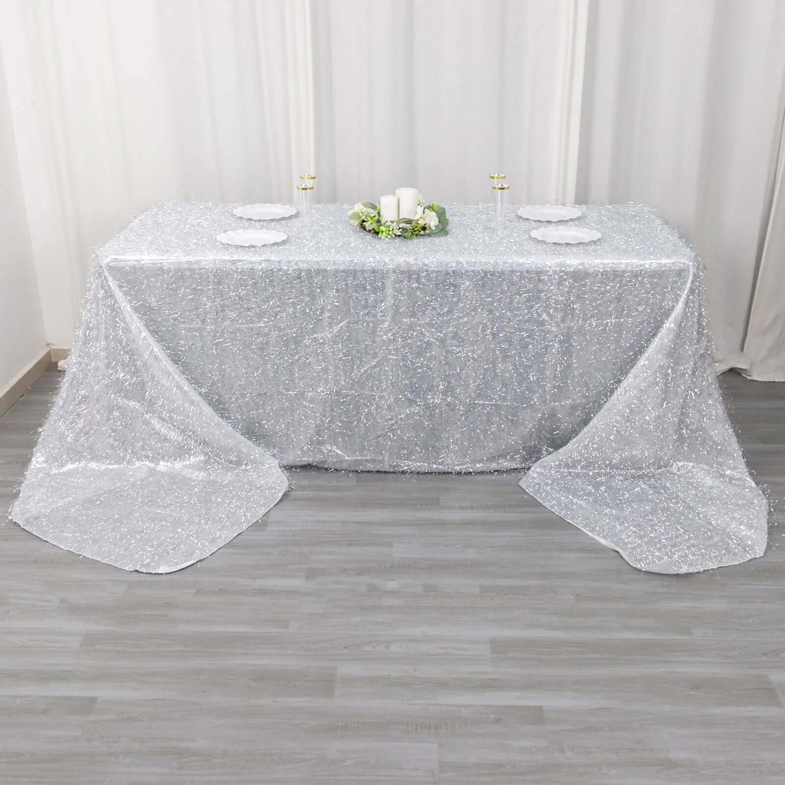 Polyester Rectangle Tablecloth 90"x156" Silver Metallic Fringe Shag Tinsel Table Cover - Image 4