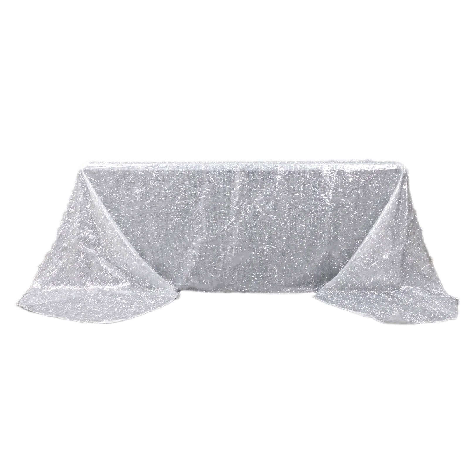 Polyester Rectangle Tablecloth 90"x156" Silver Metallic Fringe Shag Tinsel Table Cover - Image 6